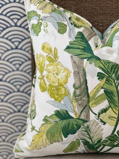 Schumacher Tropique Pillow in Citron. Designer Tropical Pillow Green, Aqua, High End Linen Pillow Cover in Citrus, Lumbar Palm Leaves Pillow