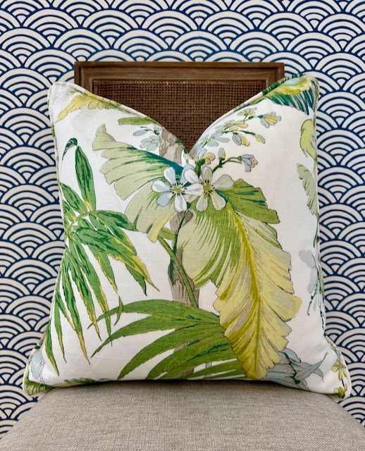Schumacher Tropique Pillow in Citron. Designer Tropical Pillow Green, Aqua, High End Linen Pillow Cover in Citrus, Lumbar Palm Leaves Pillow