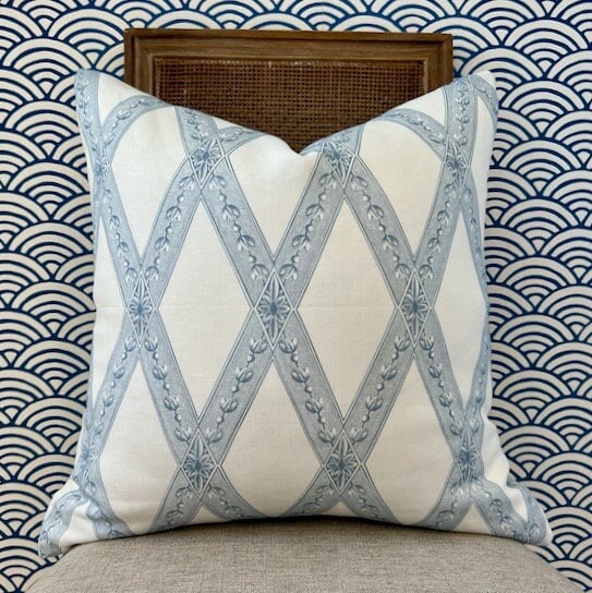 Schumacher Les Losanges Toile in Sky Blue. Designer Pillows, High End Pillow Covers, Trellis Throw Pillows, Euro Sham Cover, Lumbar Pillows
