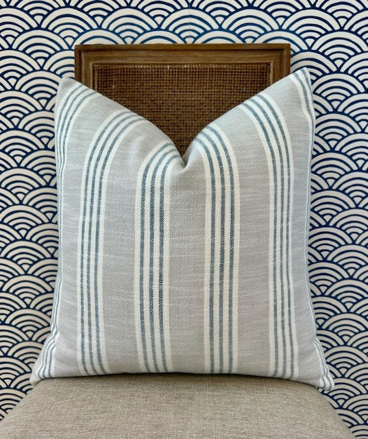 Thibaut Indoor/Outdoor Woven Southport Stripe Pillow in Sterling and Cobalt. Outdoor Gray Striped Pillow Covers, Accent Lumbar Pillows