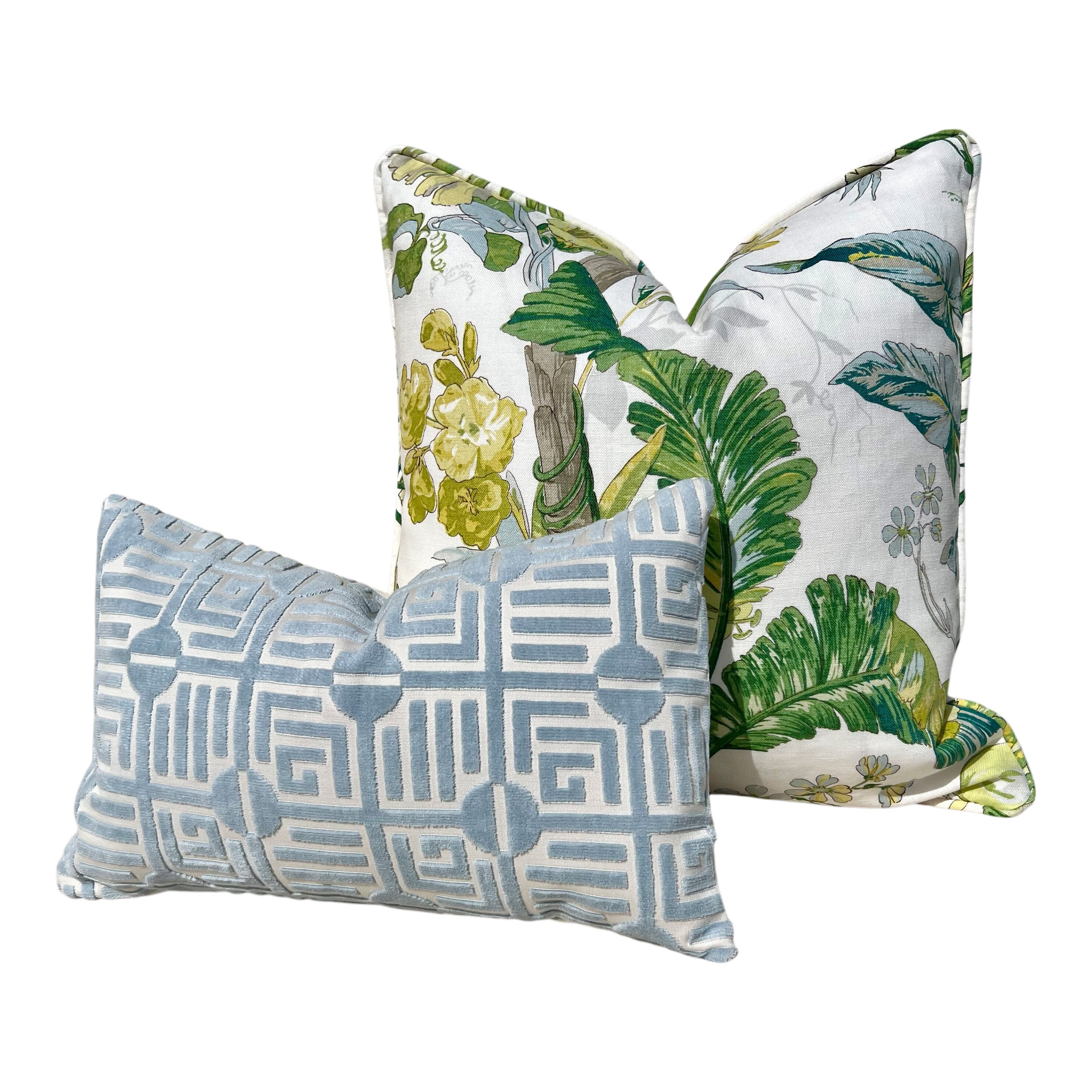 Schumacher Tropique Pillow in Citron. Designer Tropical Pillow Green, Aqua, High End Linen Pillow Cover in Citrus, Lumbar Palm Leaves Pillow