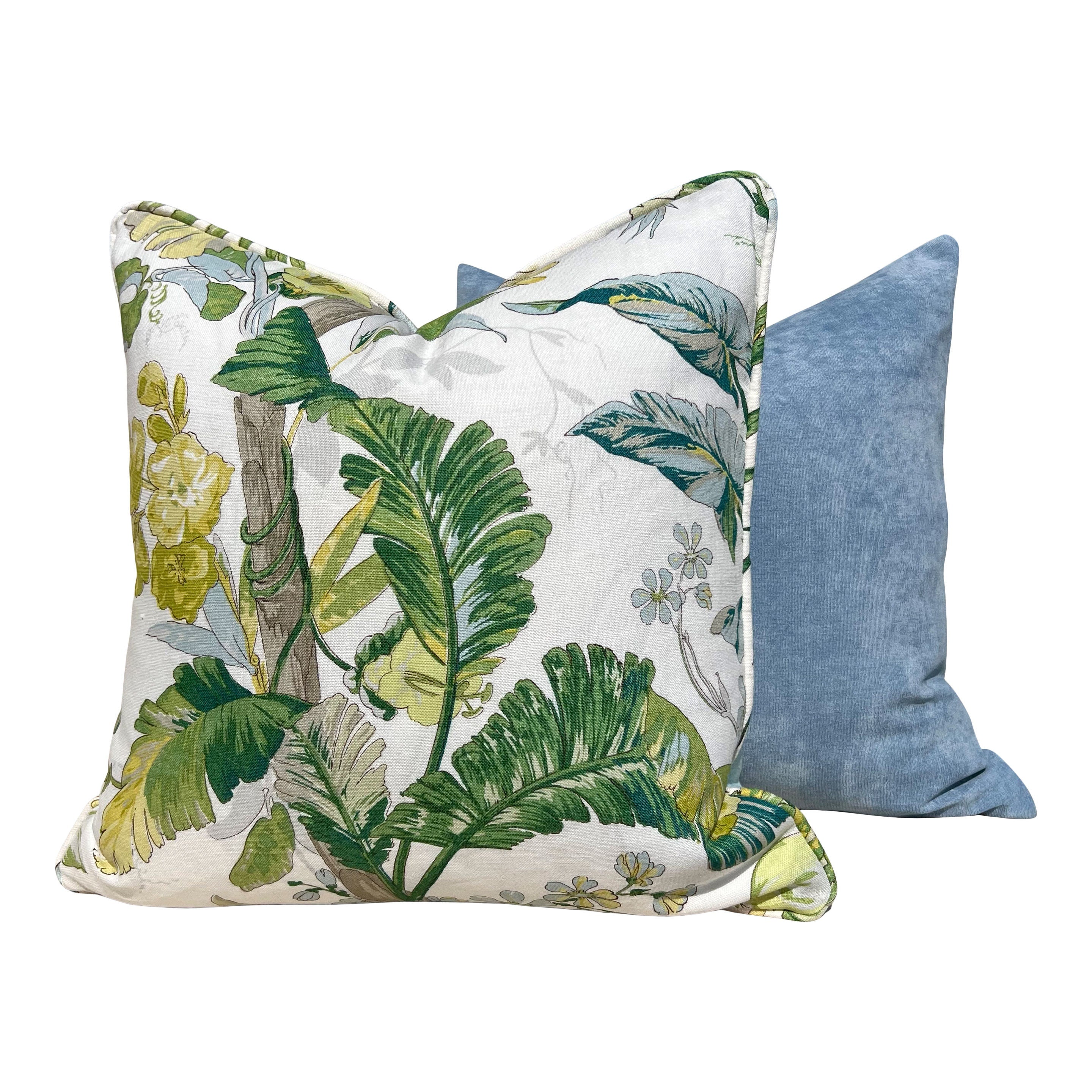 Schumacher Tropique Pillow in Citron. Designer Tropical Pillow Green, Aqua, High End Linen Pillow Cover in Citrus, Lumbar Palm Leaves Pillow