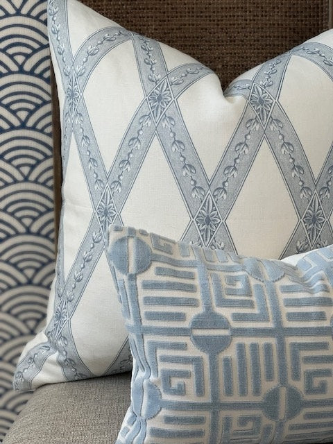 Schumacher Les Losanges Toile in Sky Blue. Designer Pillows, High End Pillow Covers, Trellis Throw Pillows, Euro Sham Cover, Lumbar Pillows