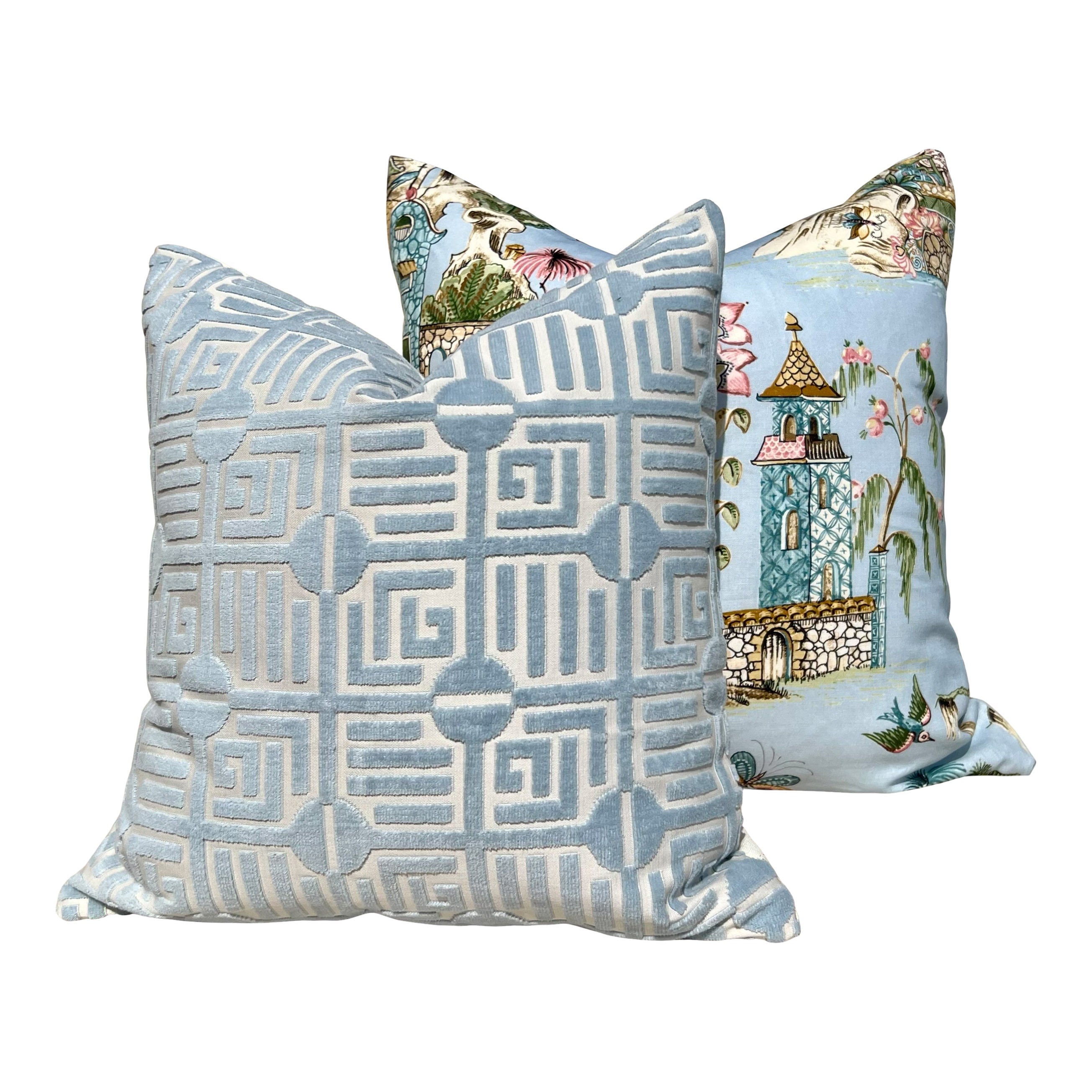 Grand Palace Chinoiserie Pillow in Sky Blue. Pagoda Pillow Cover, Designer Lumbar Pillows, High End Pillows, Euro Sham Pillow Cover