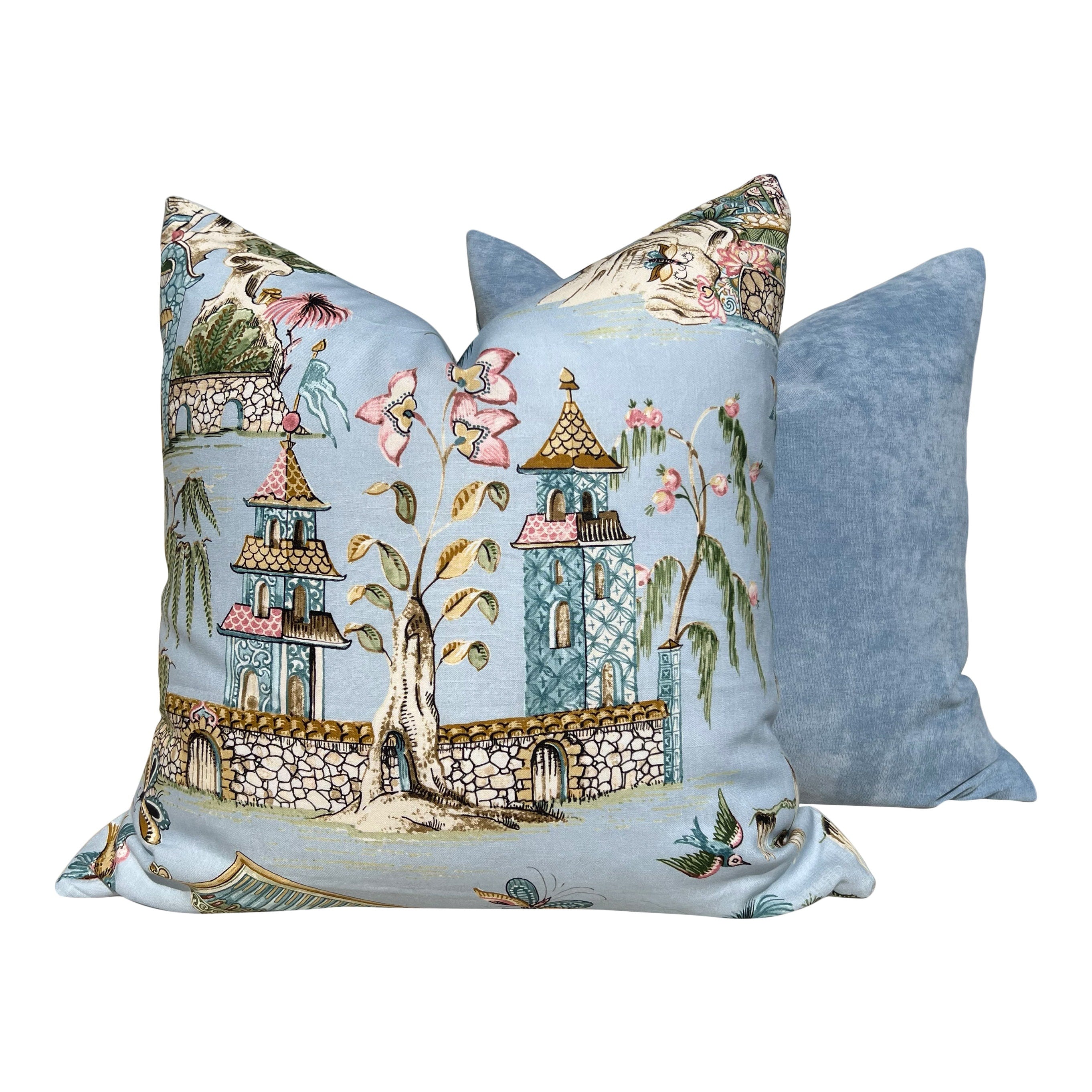 Grand Palace Chinoiserie Pillow in Sky Blue. Pagoda Pillow Cover, Designer Lumbar Pillows, High End Pillows, Euro Sham Pillow Cover