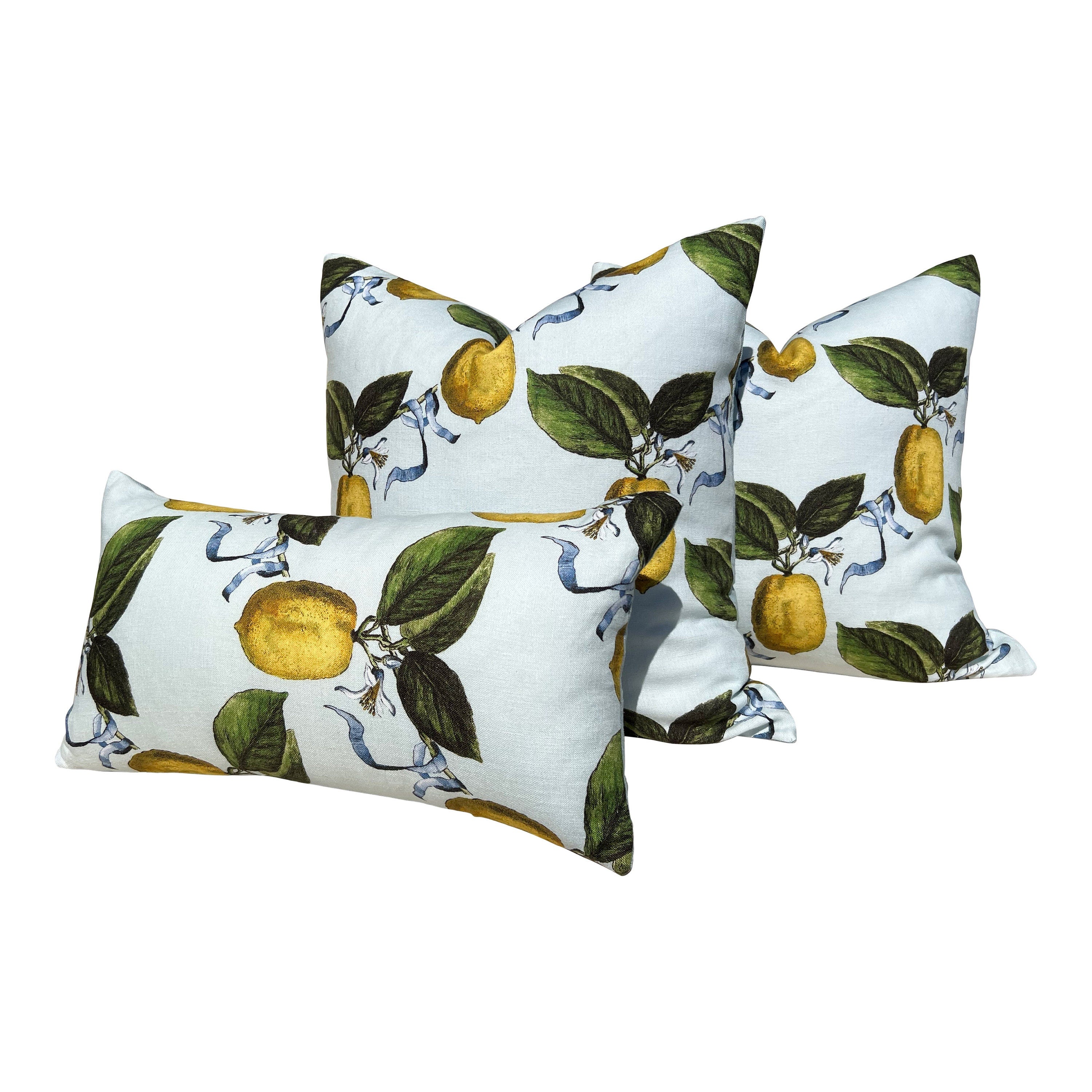 Schumacher La Citron Linen Pillow in Sky Blue. Designer Linen Pillows, Accent Lumbar Pillow Cover, Hinge End Decorative Pillows, Euro Sham
