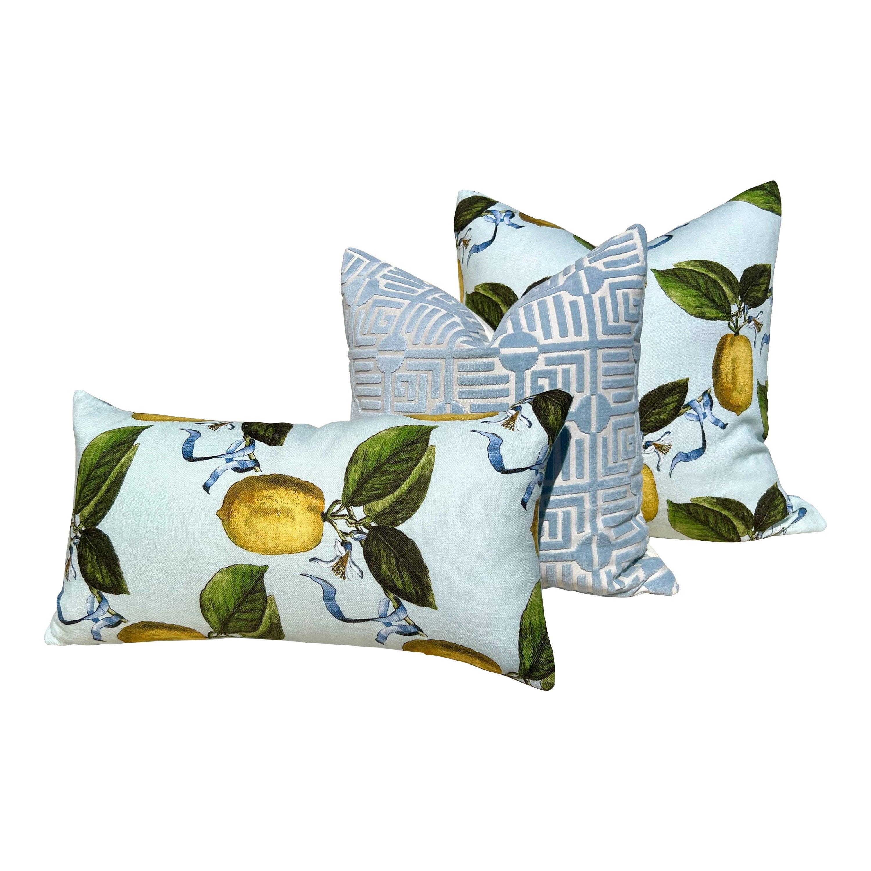 Schumacher La Citron Linen Pillow in Sky Blue. Designer Linen Pillows, Accent Lumbar Pillow Cover, Hinge End Decorative Pillows, Euro Sham