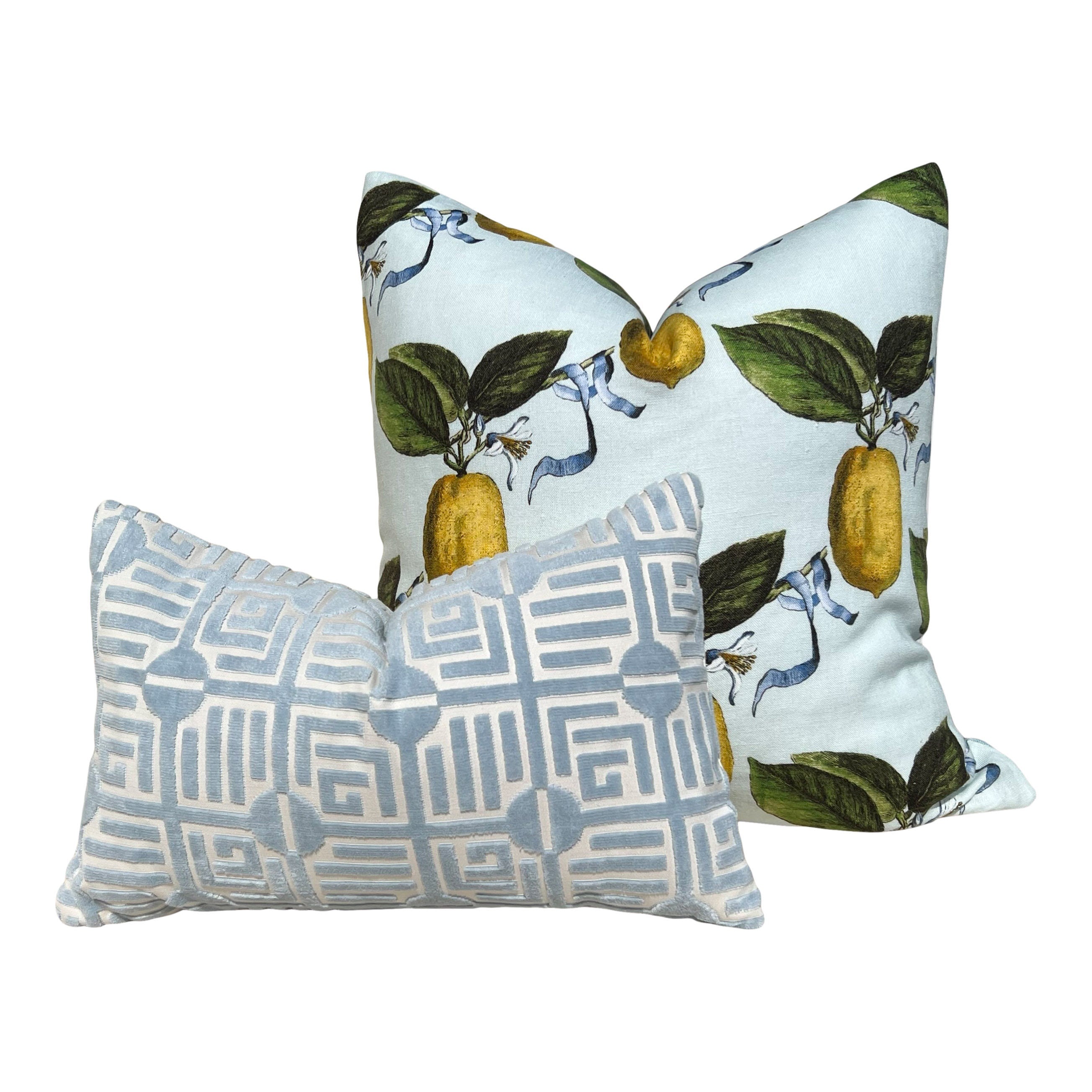Schumacher La Citron Linen Pillow in Sky Blue. Designer Linen Pillows, Accent Lumbar Pillow Cover, Hinge End Decorative Pillows, Euro Sham