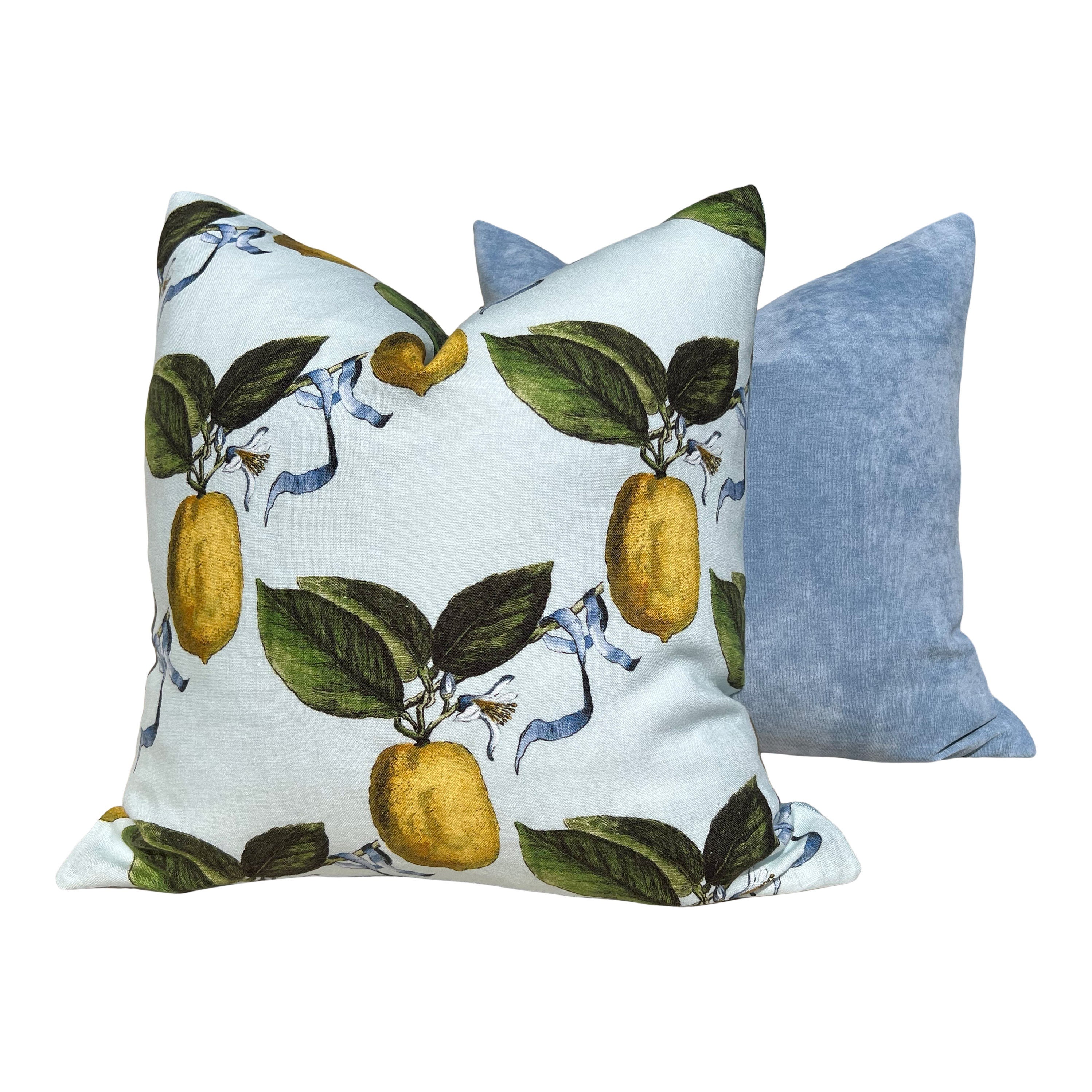 Schumacher La Citron Linen Pillow in Sky Blue. Designer Linen Pillows, Accent Lumbar Pillow Cover, Hinge End Decorative Pillows, Euro Sham