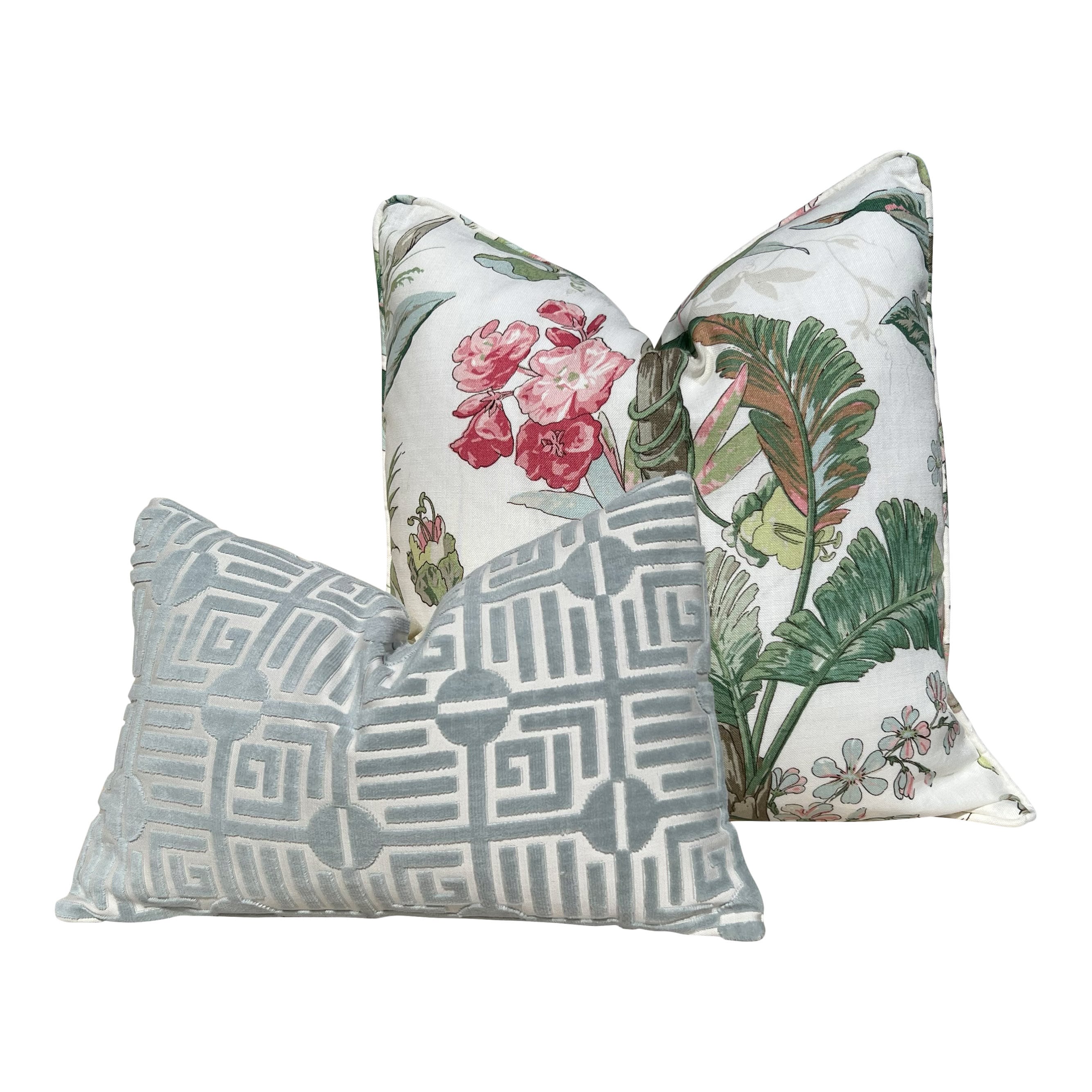 Schumacher Tropique Pillow in Blush. Designer Tropical Pillow Green, Blush, High End Linen Pillow Cover in Plush, Lumbar Palm Leaves Pillow