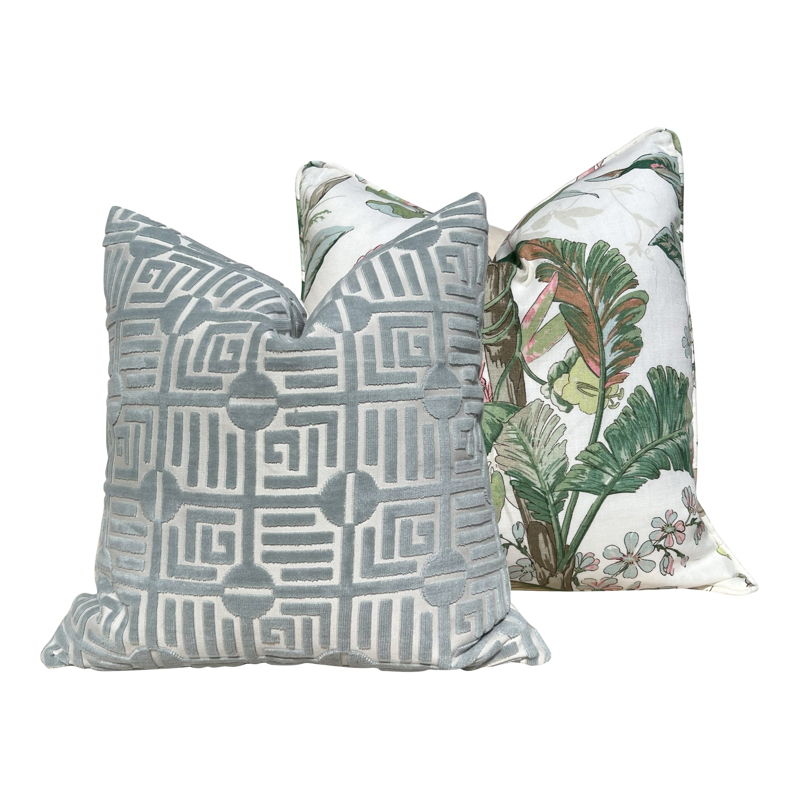 Schumacher Tropique Pillow in Blush. Designer Tropical Pillow Green, Blush, High End Linen Pillow Cover in Plush, Lumbar Palm Leaves Pillow