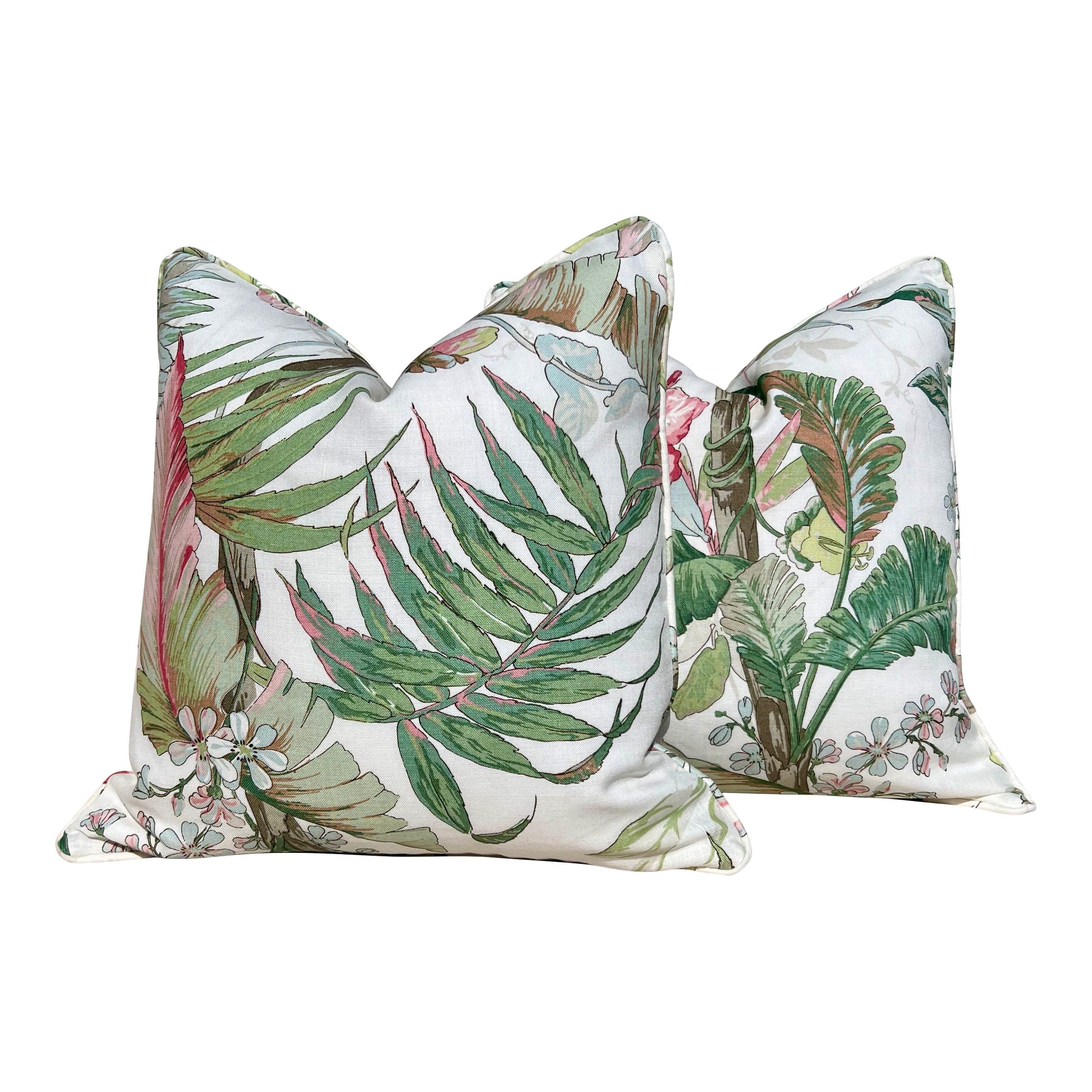 Schumacher Tropique Pillow in Blush. Designer Tropical Pillow Green, Blush, High End Linen Pillow Cover in Plush, Lumbar Palm Leaves Pillow
