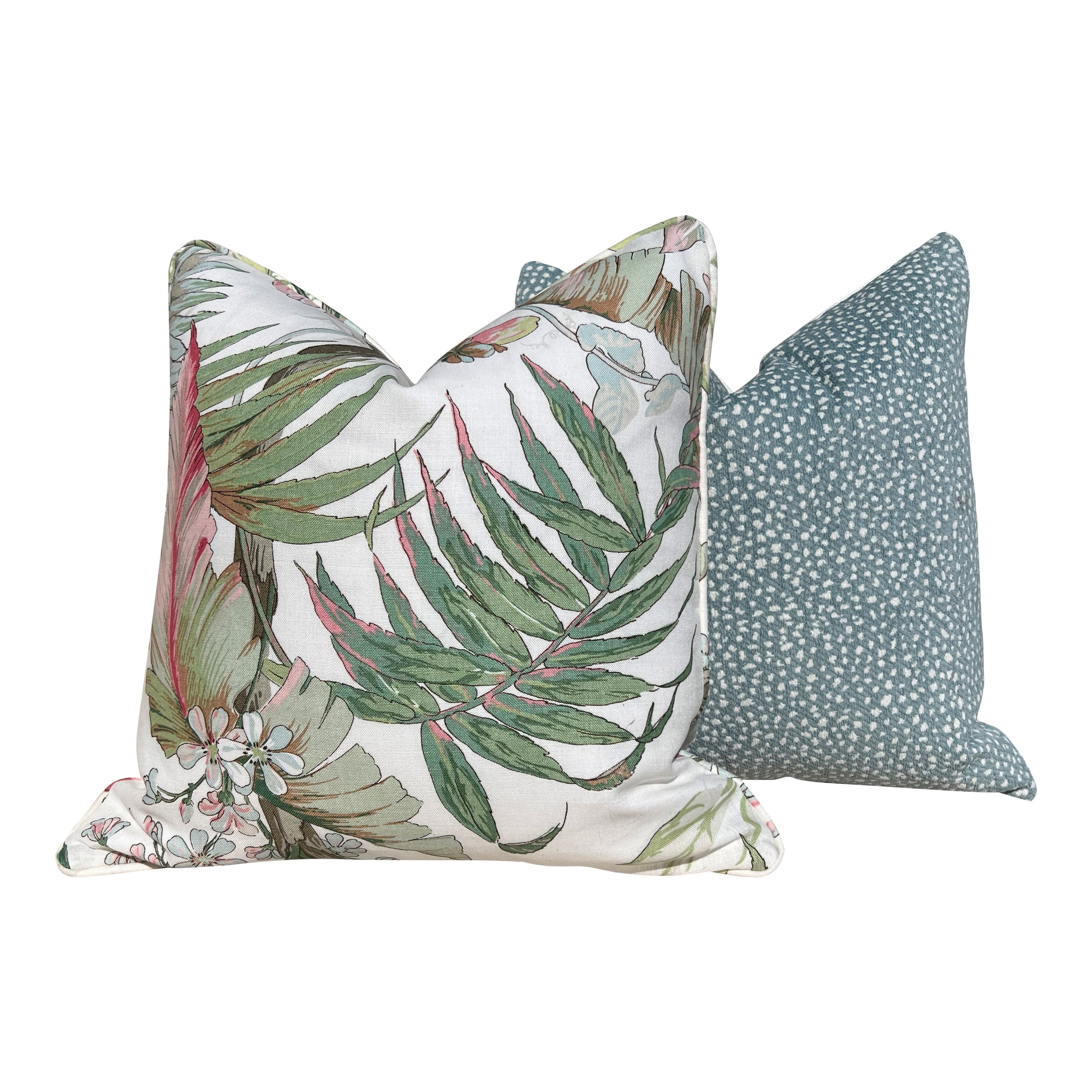 Schumacher Tropique Pillow in Blush. Designer Tropical Pillow Green, Blush, High End Linen Pillow Cover in Plush, Lumbar Palm Leaves Pillow