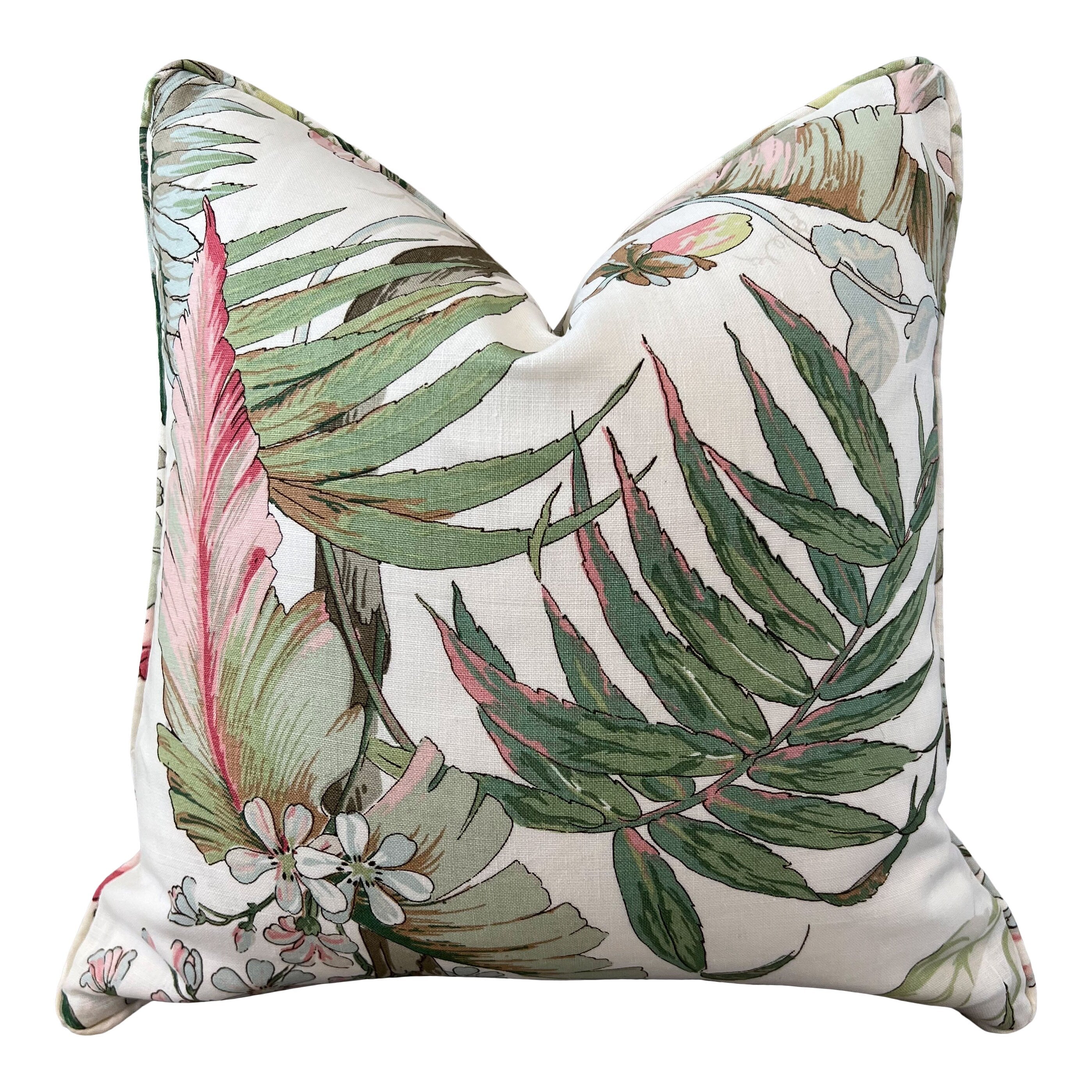 Schumacher Tropique Pillow in Blush. Designer Tropical Pillow Green, Blush, High End Linen Pillow Cover in Plush, Lumbar Palm Leaves Pillow