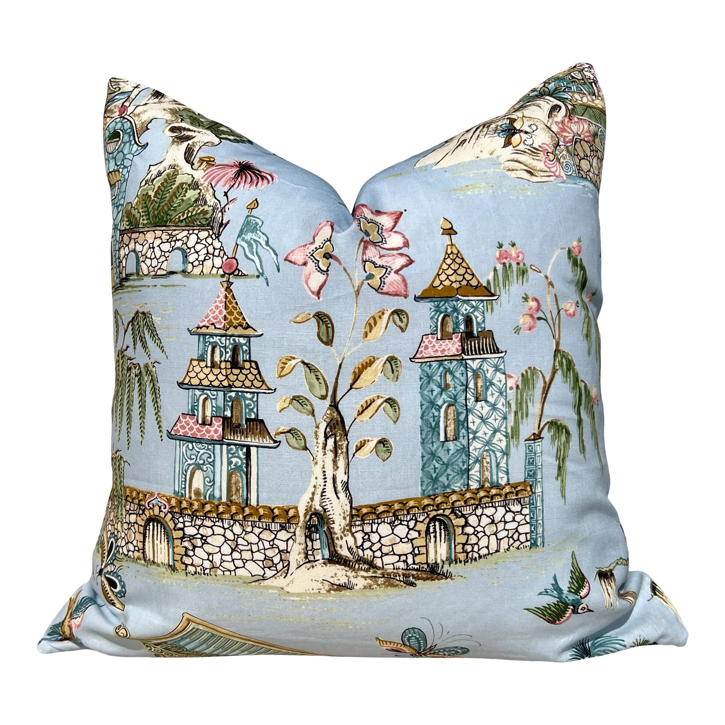 Grand Palace Chinoiserie Pillow in Sky Blue. Pagoda Pillow Cover, Designer Lumbar Pillows, High End Pillows, Euro Sham Pillow Cover