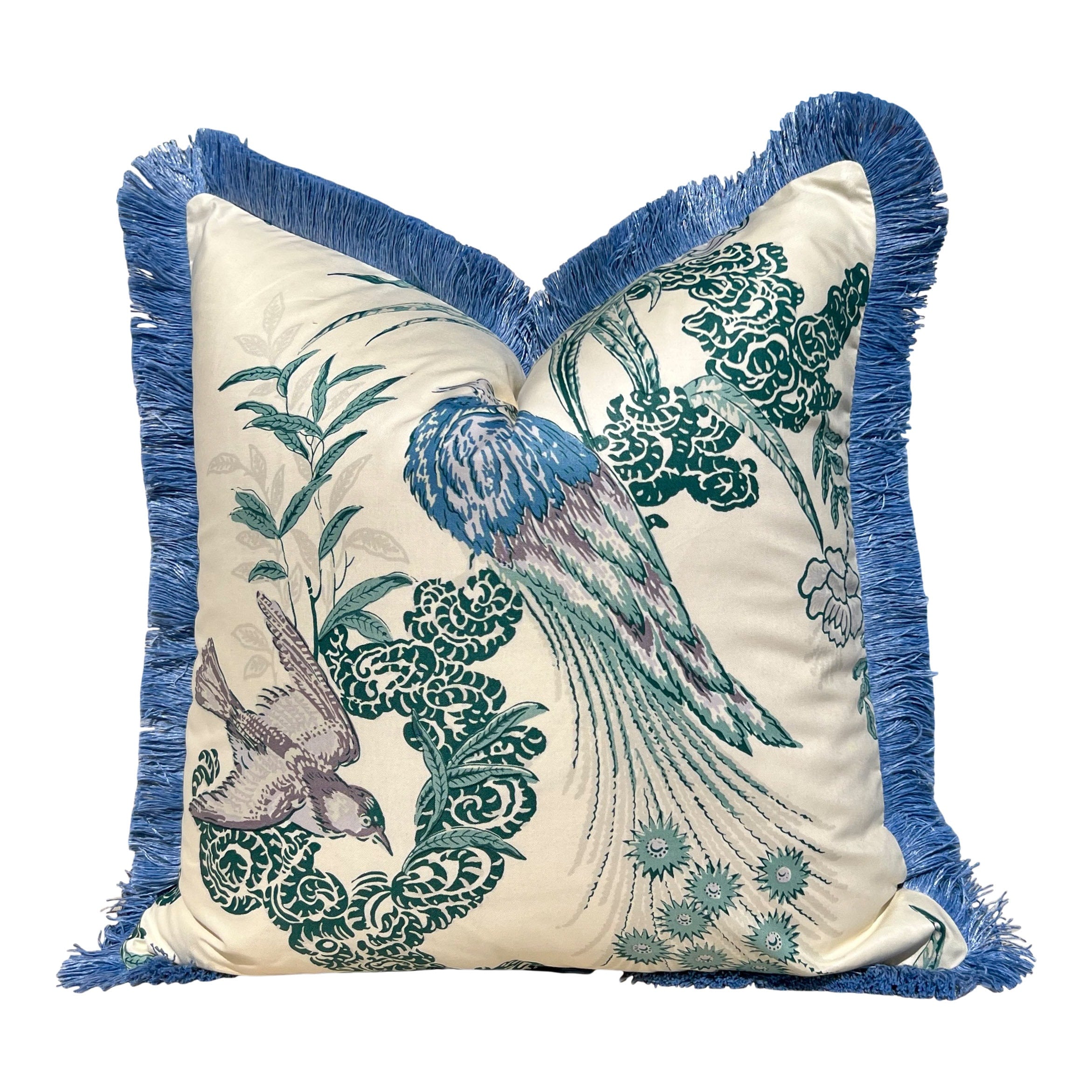 Schumacher Peacock Pillow in Cream and Teal Embellished with French Blue Brush Trim. Decorative High End  Pillows, Designer Pillow Covers,