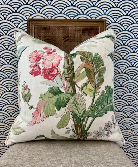 Schumacher Tropique Pillow in Blush. Designer Tropical Pillow Green, Blush, High End Linen Pillow Cover in Plush, Lumbar Palm Leaves Pillow