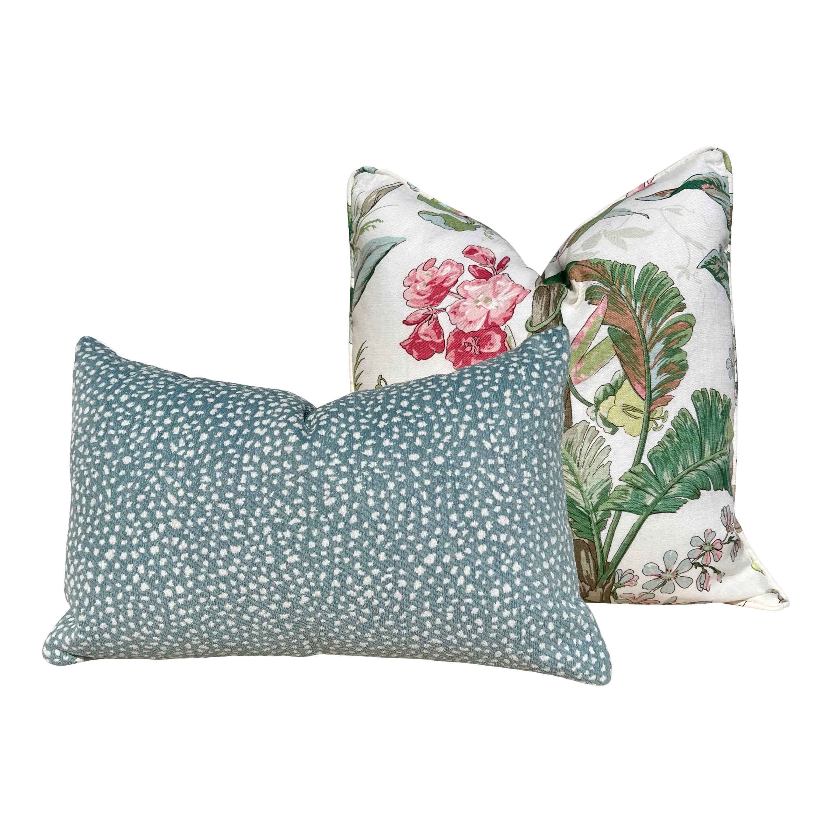 Schumacher Tropique Pillow in Blush. Designer Tropical Pillow Green, Blush, High End Linen Pillow Cover in Plush, Lumbar Palm Leaves Pillow