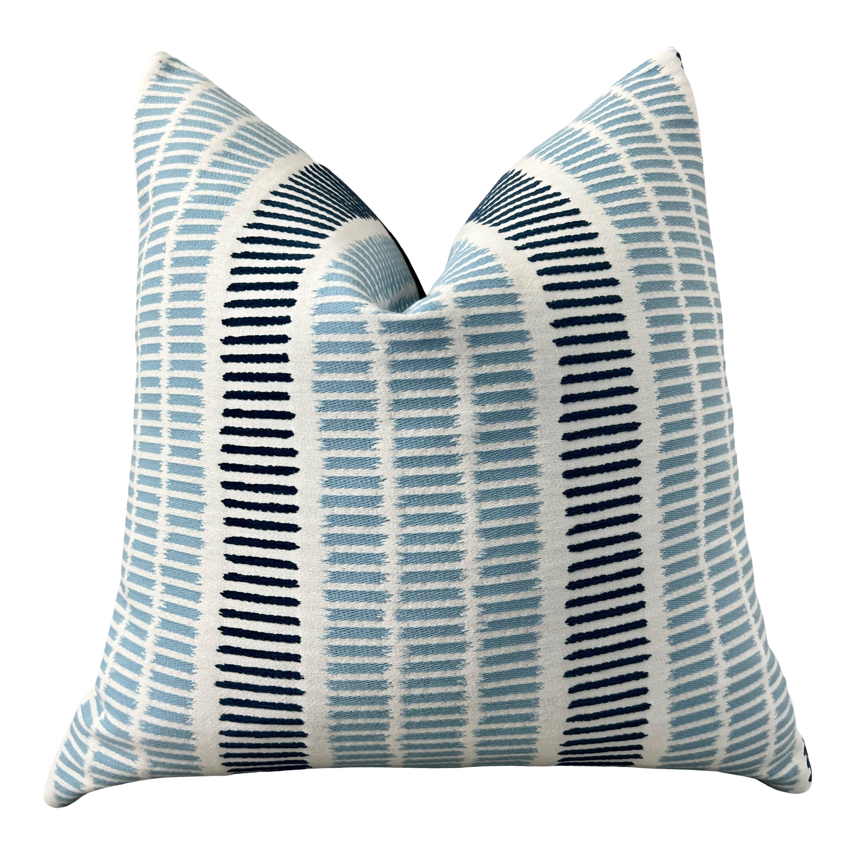 Outdoor/ Indoor Top Sail Striped Pillow in Sky and Marine. Designer Woven Decorative Sunbrella Outdoor Pillow Cover in Blue Striped