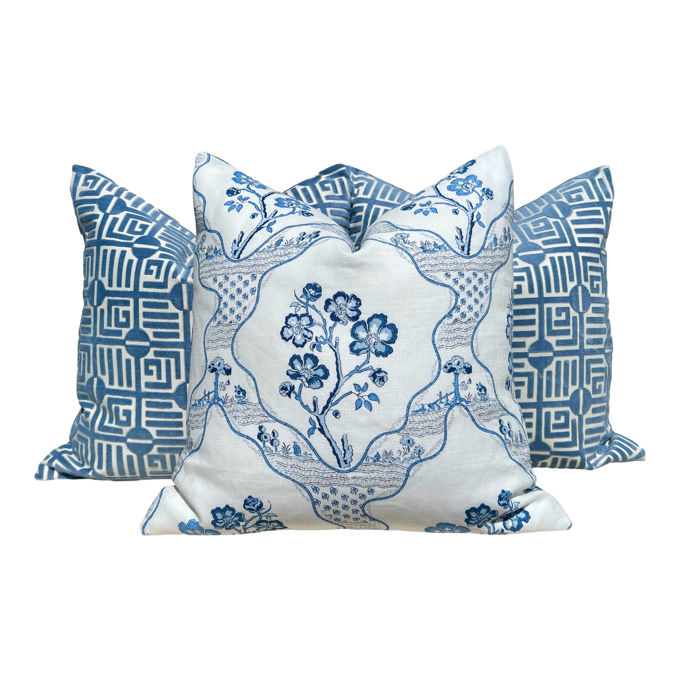 Thibaut Labyrinth Velvet Pillow in Blue. High End Pillows, Designer Raised Velvet Pillows, Geometric Velvet Pillows in Light Blue, Euro Sham