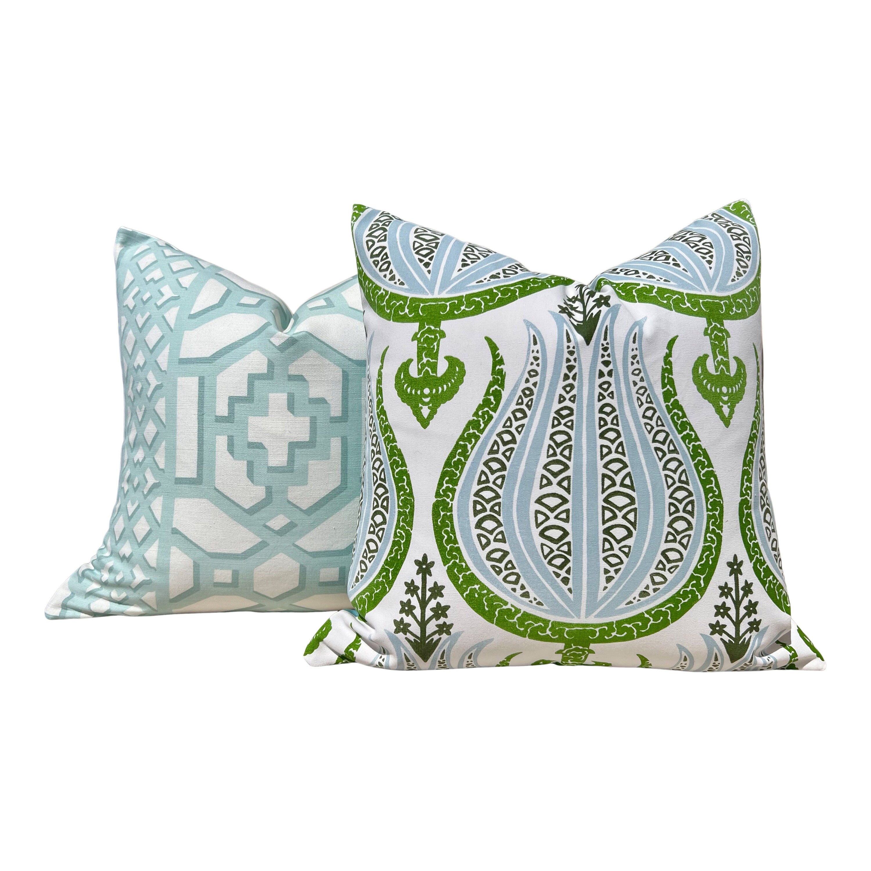 Schumacher Zanzibar Trellis Pillow in Mint. Designer Geometric Pillows, High End Aqua Pillow Covers, Accent Throw Pillows, Euro Sham Cover