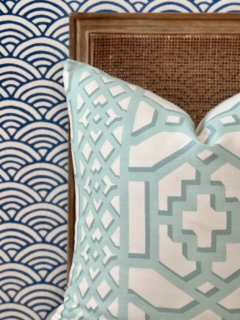 Schumacher Zanzibar Trellis Pillow in Mint. Designer Geometric Pillows, High End Aqua Pillow Covers, Accent Throw Pillows, Euro Sham Cover