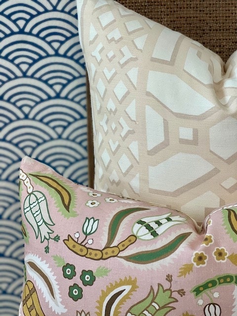 Schumacher Zanzibar Trellis Pillow in Blush. Designer Geometric Pillows, High End Pink Pillow Covers, Accent Throw Pillows, Euro Sham Cover