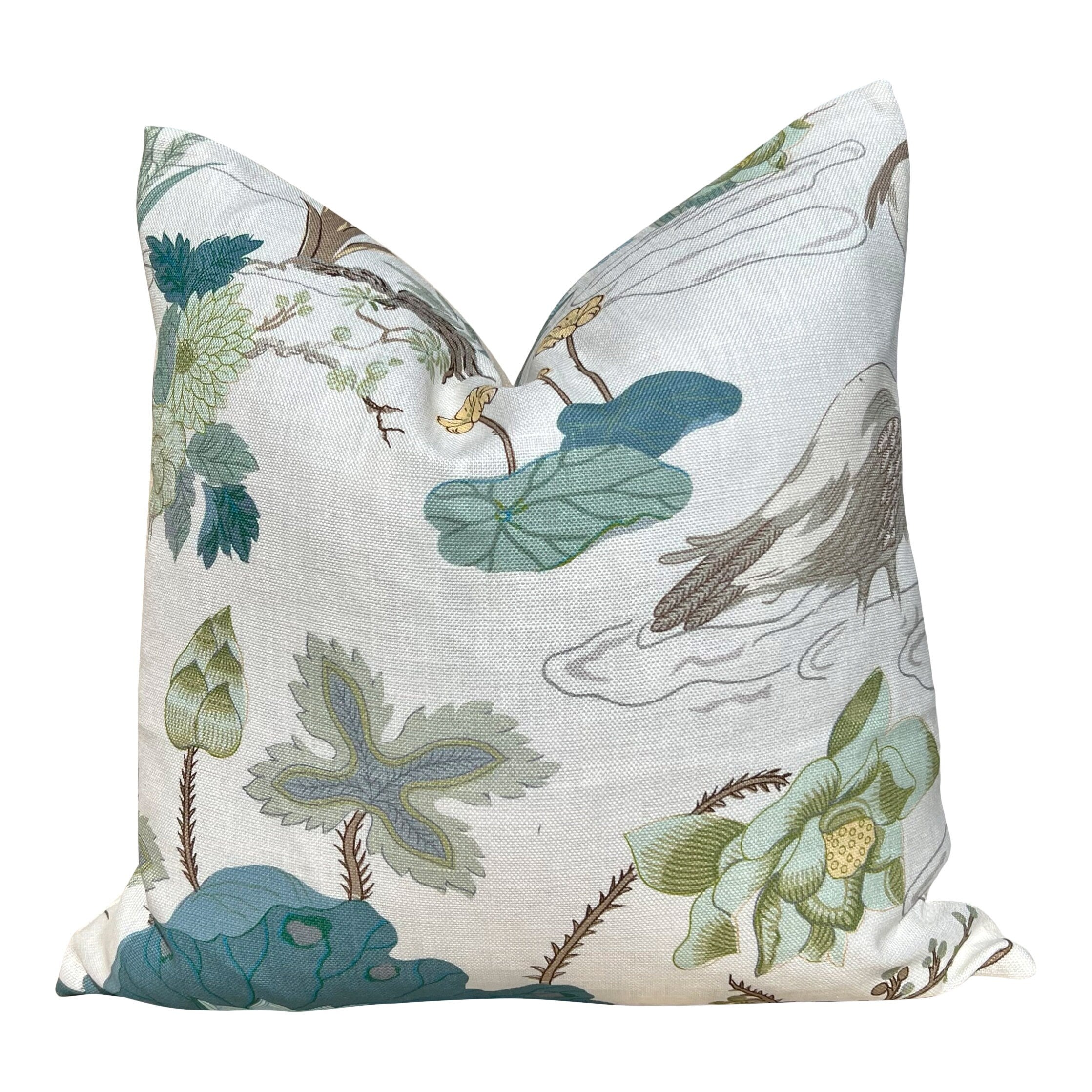 Lee Jofa Luzon Pillow in Jade. Linen Cream Green Pillows, Designer Exotic Bird Pillows, High End Pillow Covers, Luxury Botanical Pillow