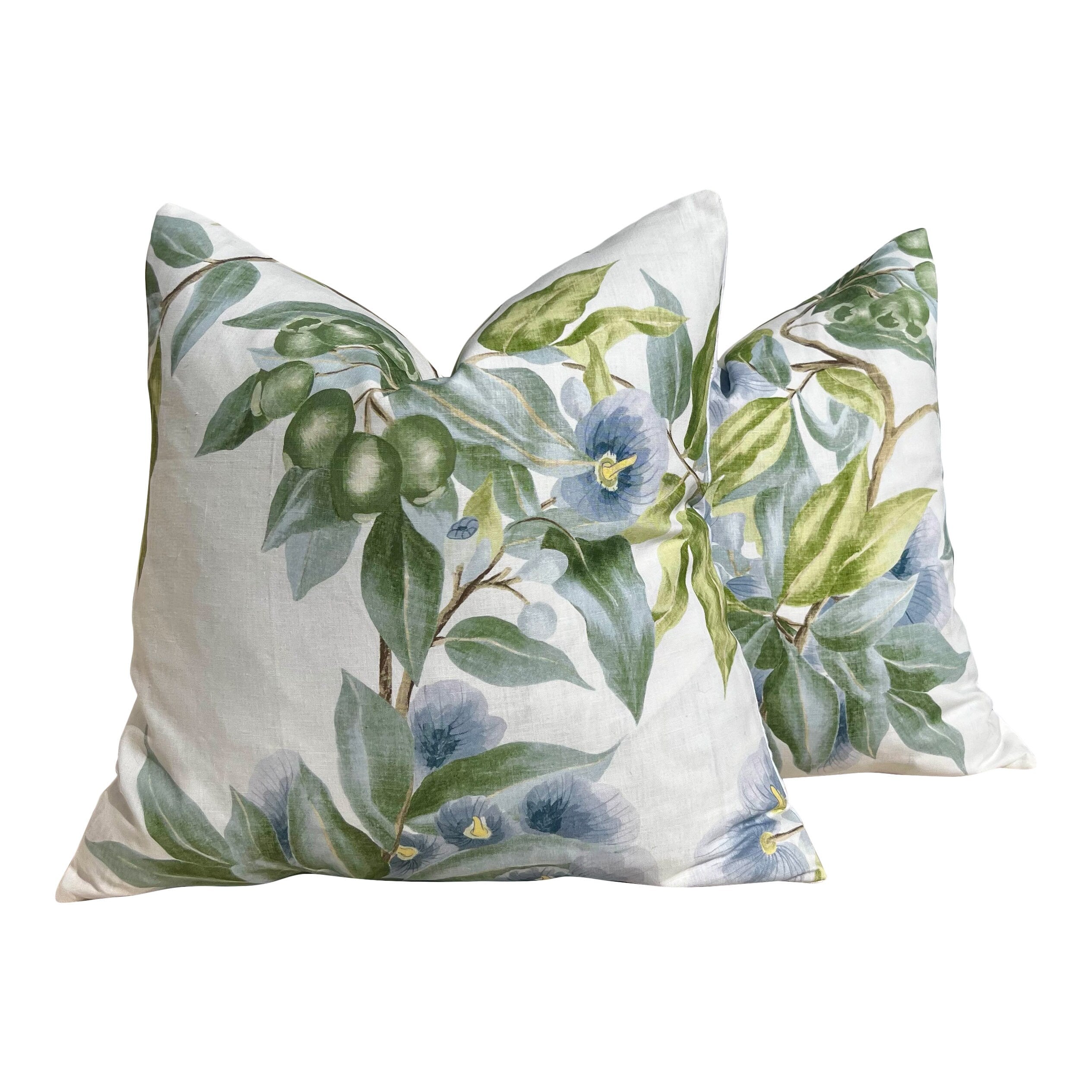 Camellia Garden Pillow in Sky Blue. Designer Pillows High End Pillows, Aqua Blue Floral Pillows, Linen Pillow Cover, Floral Bedroom Decor