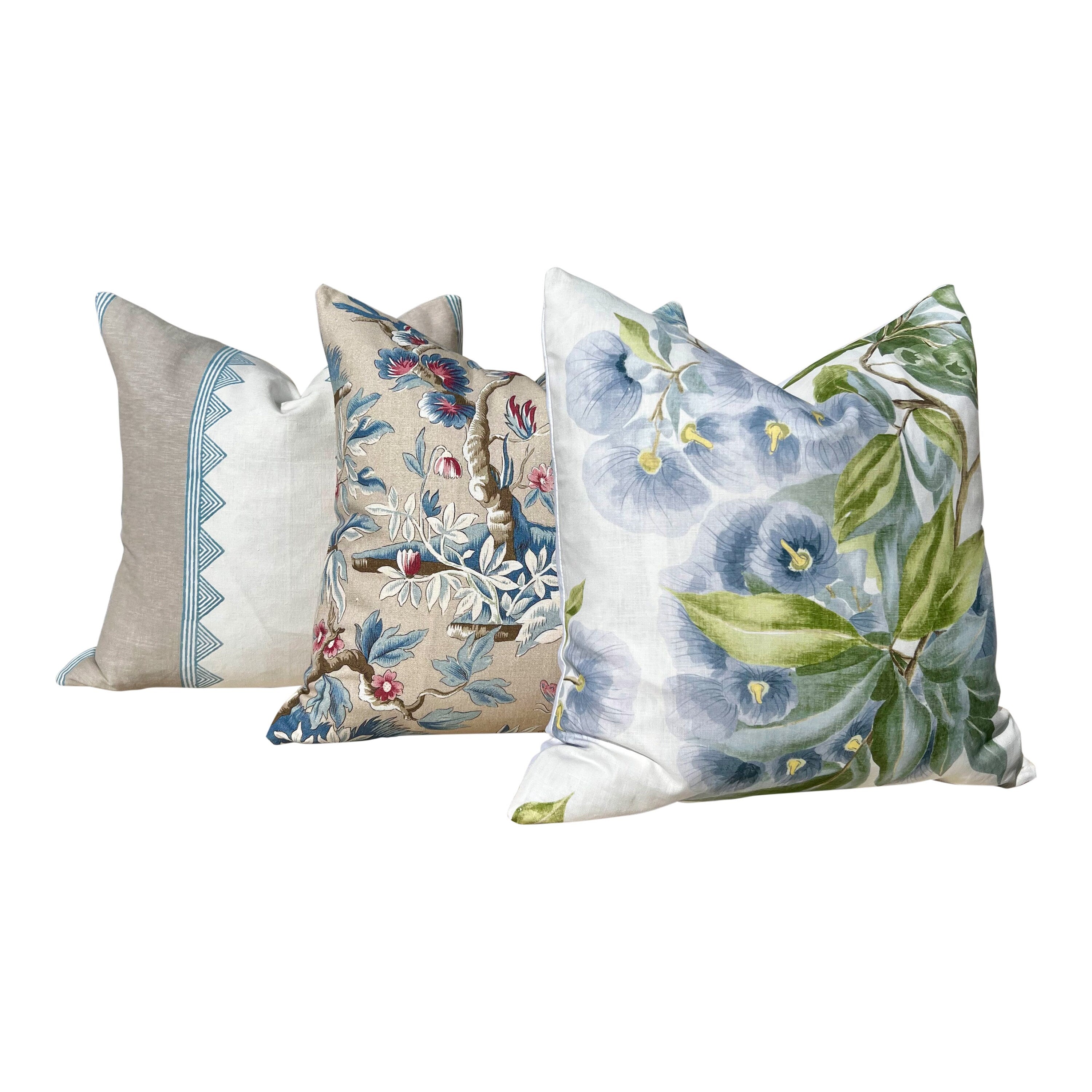 Camellia Garden Pillow in Sky Blue. Designer Pillows High End Pillows, Aqua Blue Floral Pillows, Linen Pillow Cover, Floral Bedroom Decor