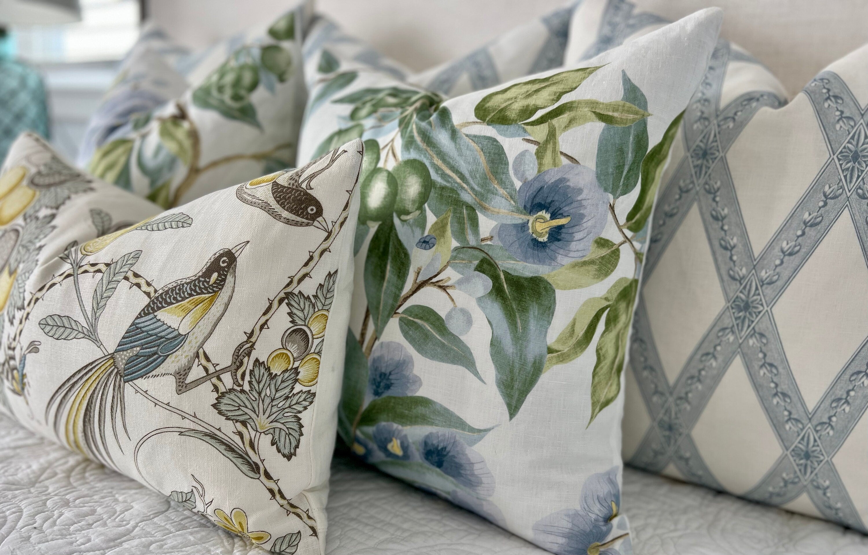 Camellia Garden Pillow in Sky Blue. Designer Pillows High End Pillows, Aqua Blue Floral Pillows, Linen Pillow Cover, Floral Bedroom Decor