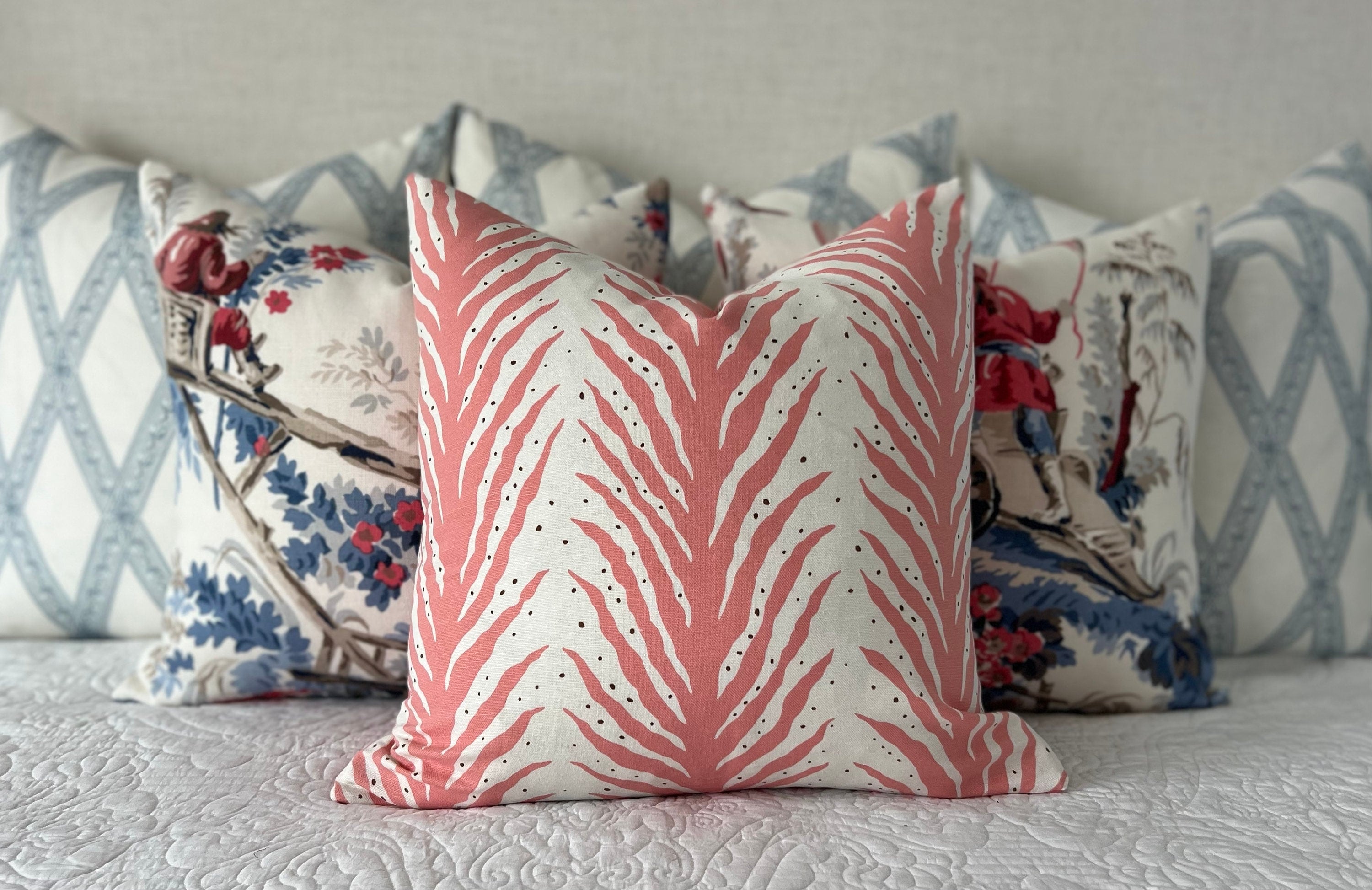 Schumacher Creeping Fern Pillow Coral. High End Pillows, Striped Lumbar Pillow in Coral, Designer Modern Throw Cushion, Euro Sham 26x26