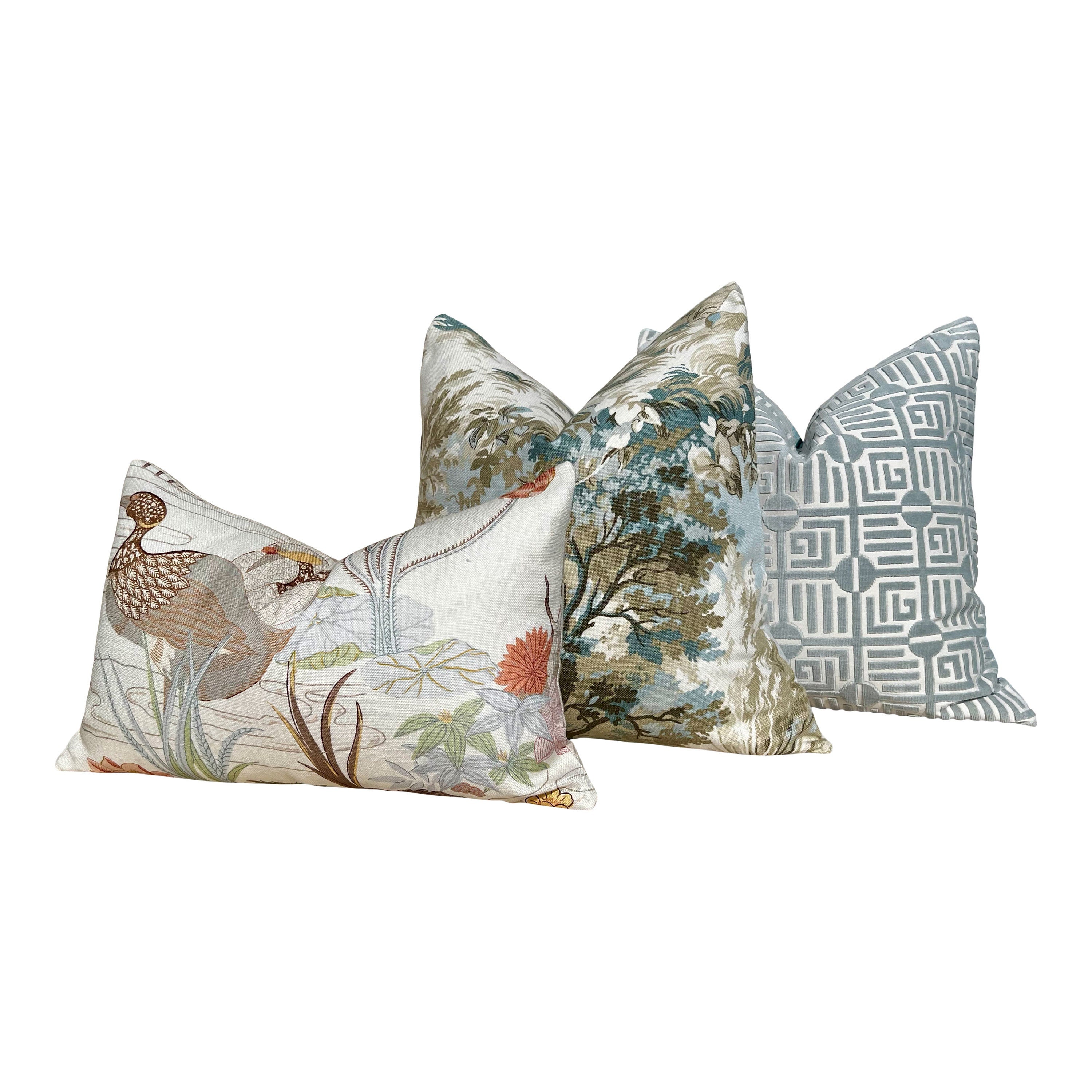 Lincoln Pillow in Beige and Spa Blue. Designer Pillows, High End Botanical Pillow Covers, Accent Aqua Blue Pillow Case, Euro Sham Pillow