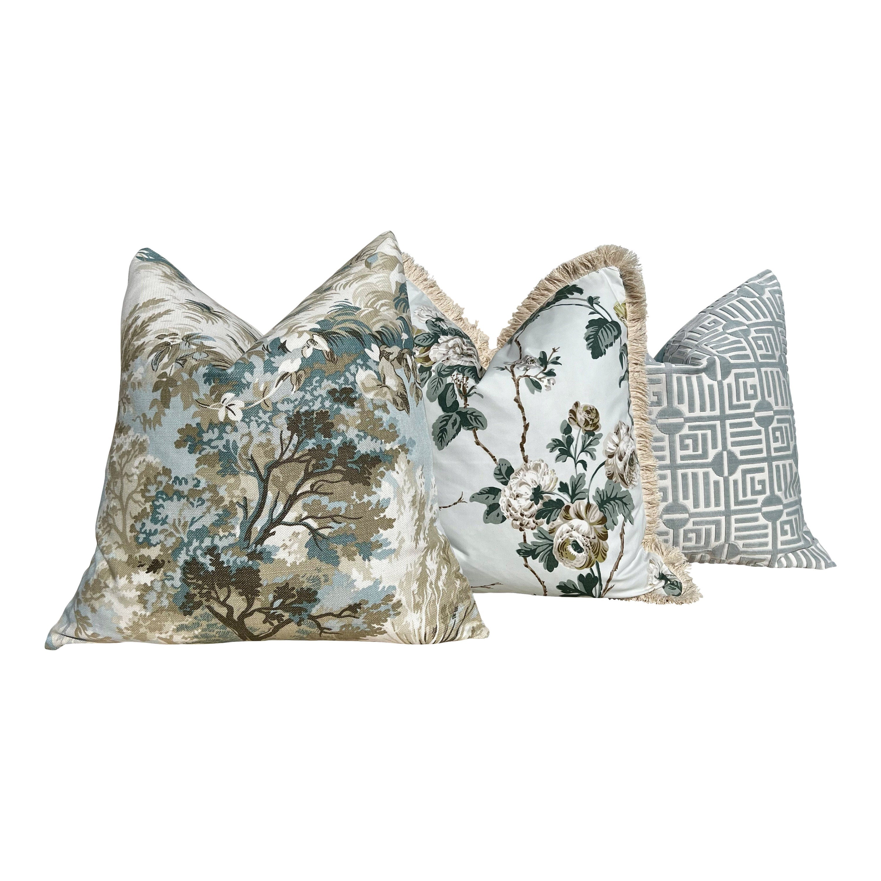 Lincoln Pillow in Beige and Spa Blue. Designer Pillows, High End Botanical Pillow Covers, Accent Aqua Blue Pillow Case, Euro Sham Pillow