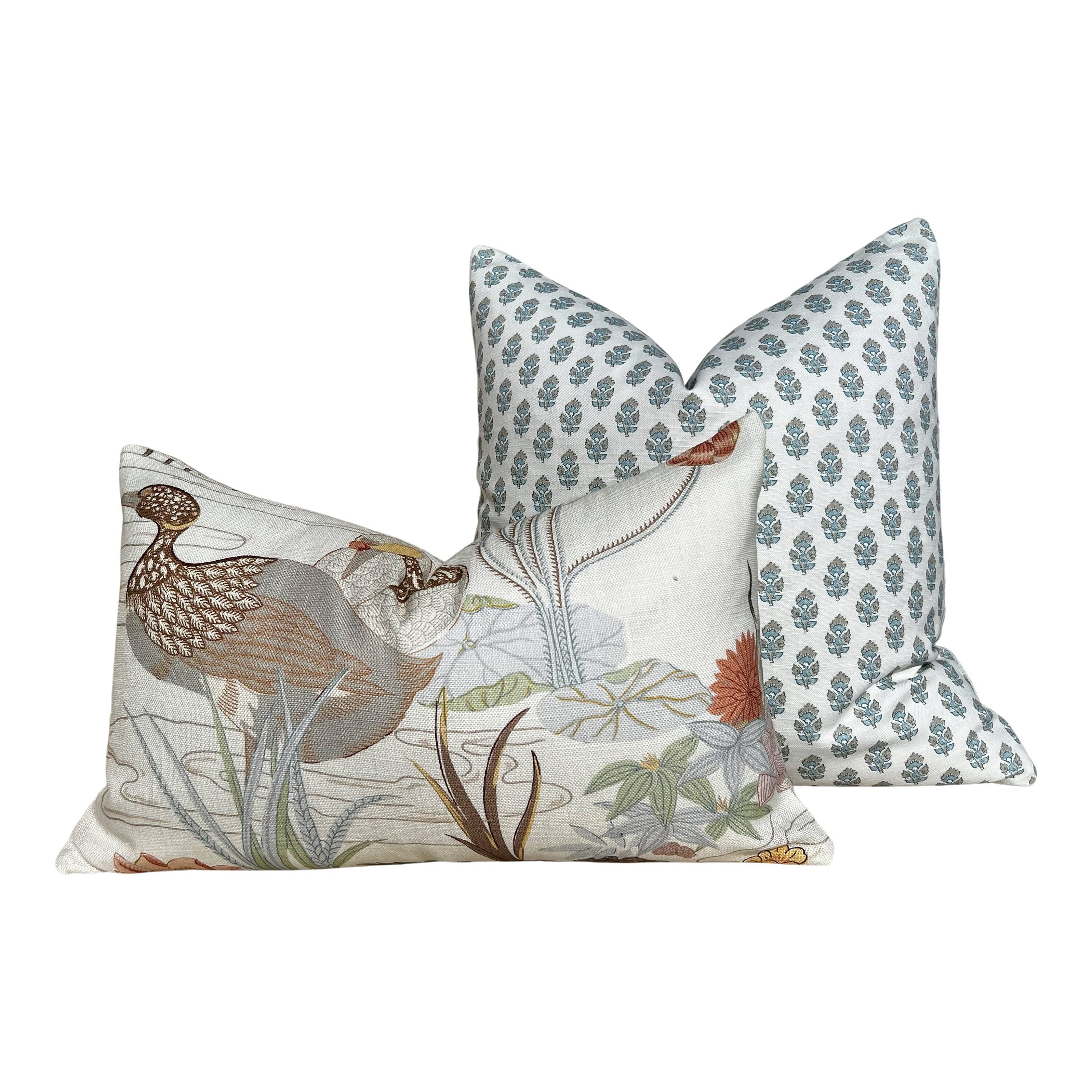 Lee Jofa Luzon Pillow in Apricot. Linen Cream Pillow Designer Exotic Bird Pillows, Luxury Botanical Pillow, euro Sham Linen Cover 26x26