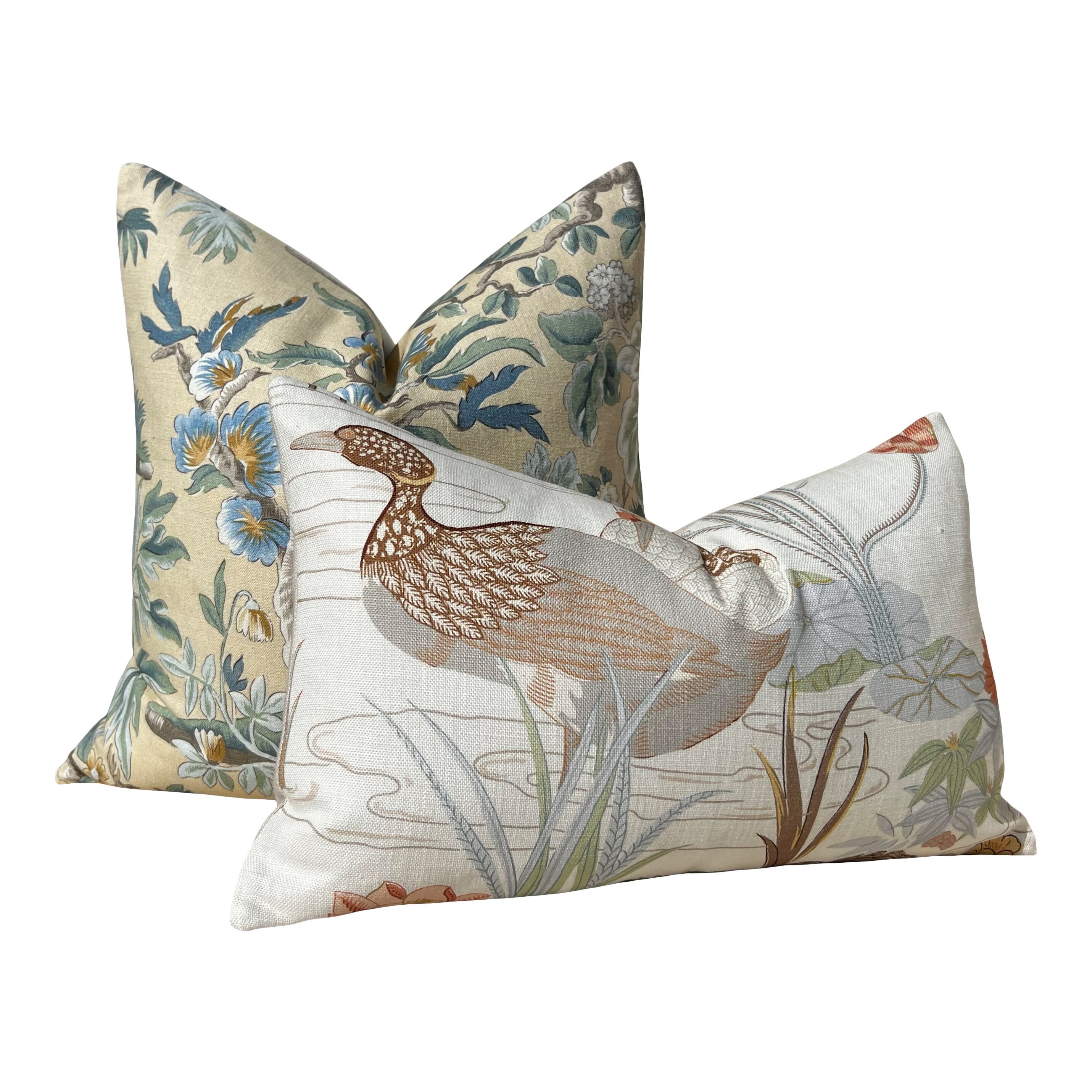 Lee Jofa Luzon Pillow in Apricot. Linen Cream Pillow Designer Exotic Bird Pillows, Luxury Botanical Pillow, euro Sham Linen Cover 26x26