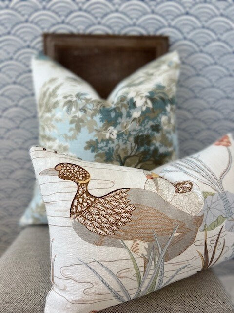 Lee Jofa Luzon Pillow in Apricot. Linen Cream Pillow Designer Exotic Bird Pillows, Luxury Botanical Pillow, euro Sham Linen Cover 26x26