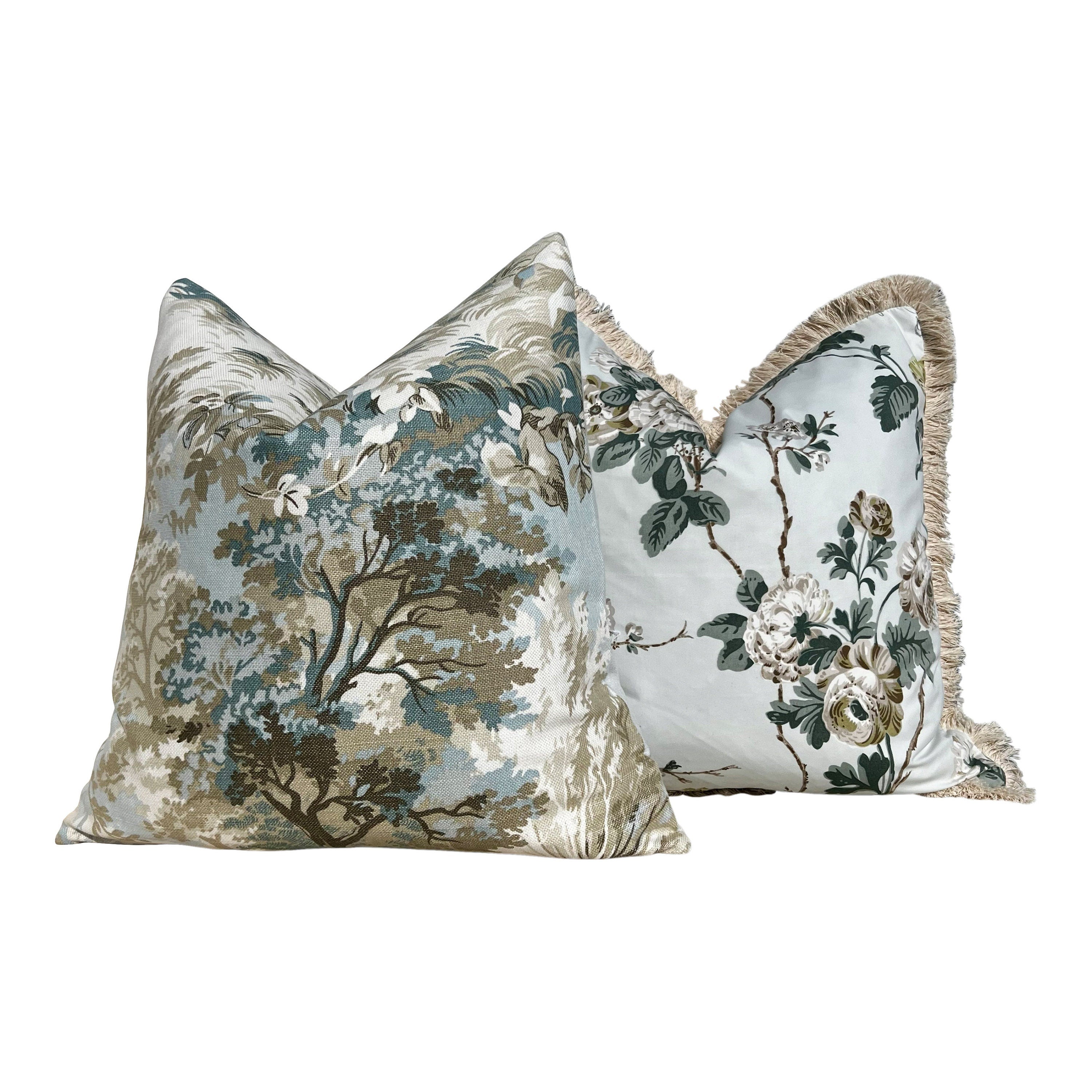 Lincoln Pillow in Beige and Spa Blue. Designer Pillows, High End Botanical Pillow Covers, Accent Aqua Blue Pillow Case, Euro Sham Pillow