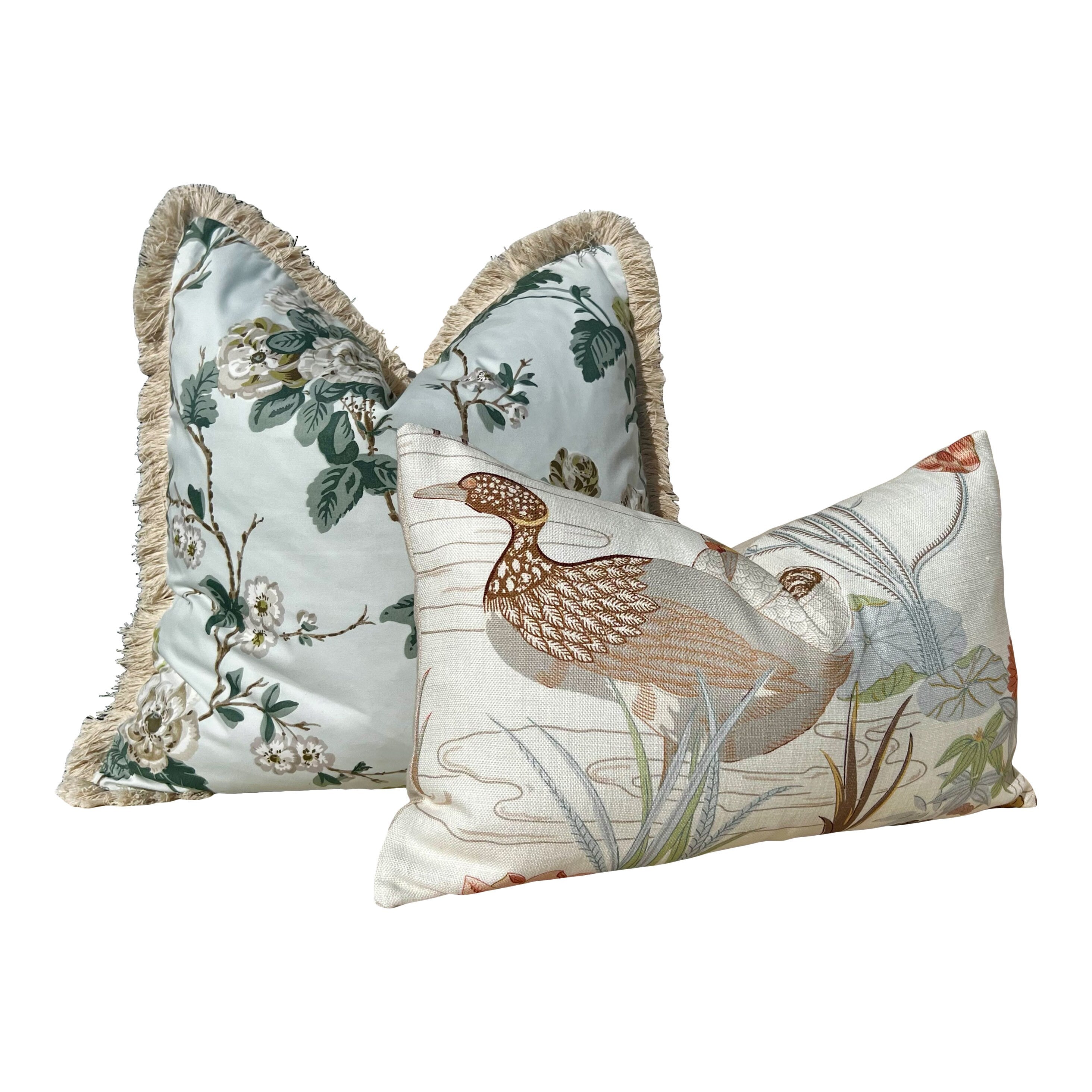 Lee Jofa Luzon Pillow in Apricot. Linen Cream Pillow Designer Exotic Bird Pillows, Luxury Botanical Pillow, euro Sham Linen Cover 26x26
