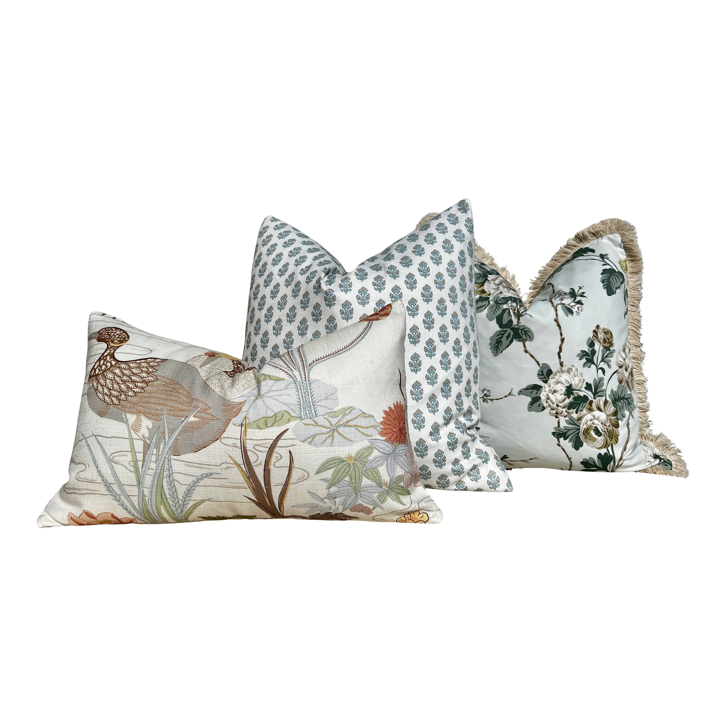 Lee Jofa Luzon Pillow in Apricot. Linen Cream Pillow Designer Exotic Bird Pillows, Luxury Botanical Pillow, euro Sham Linen Cover 26x26