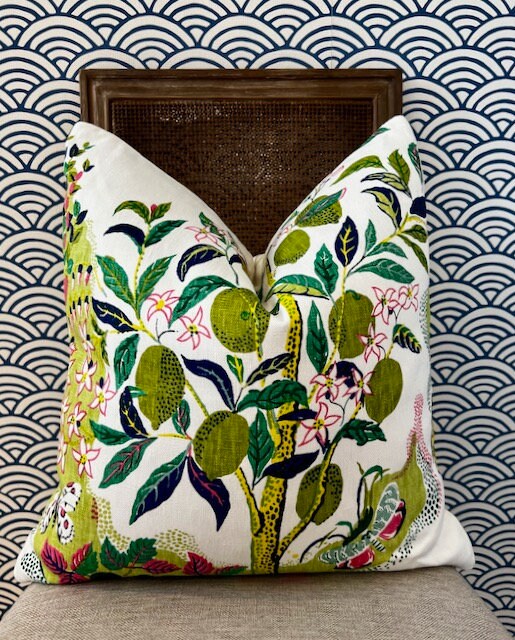 Schumacher Linen Citrus Garden Pillow in Lime. Designer Linen Pillow, Josef Frank Accent Pillow, Lemon Tree Pillow Cover, Schumacher Pillow