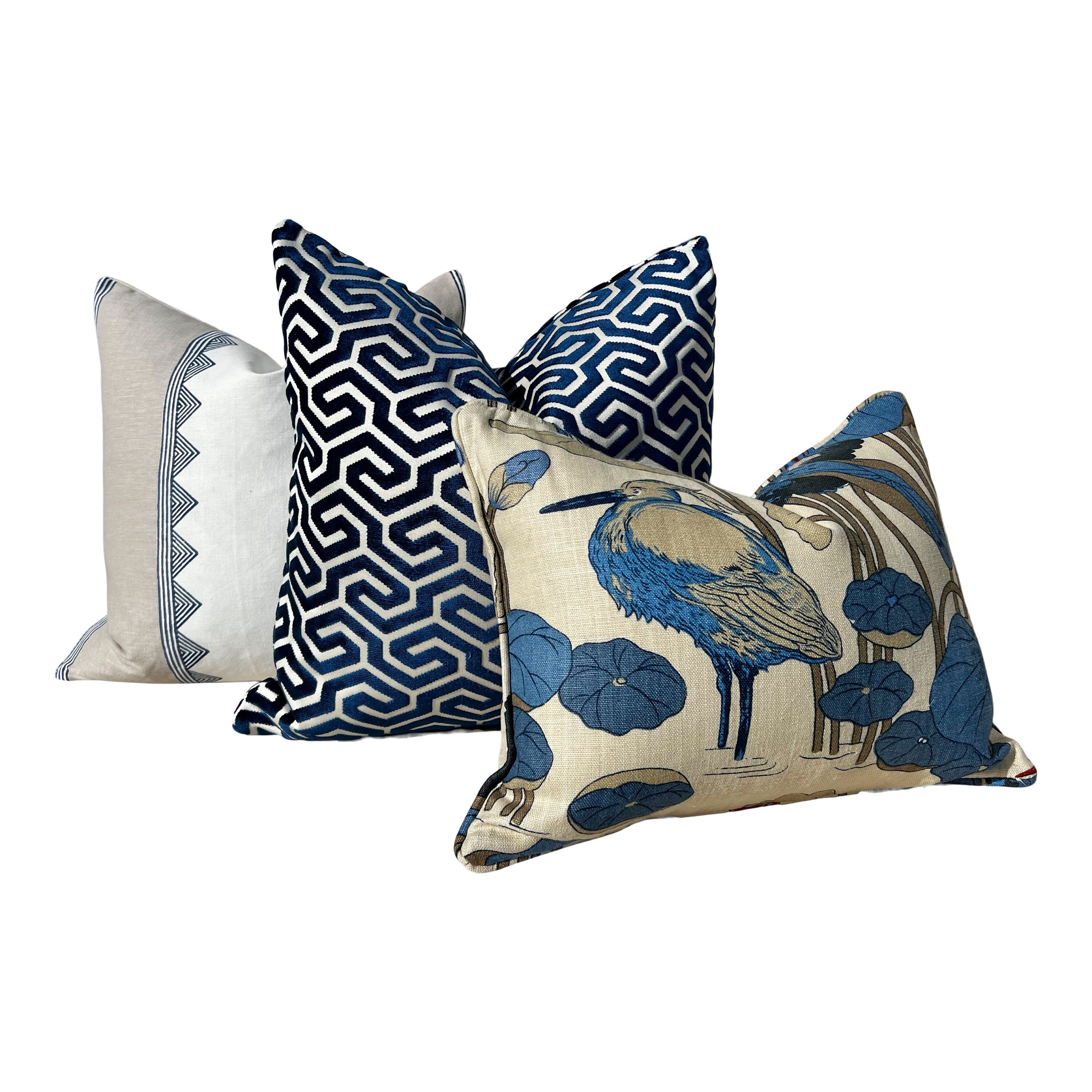 Schumacher Ming Fret Velvet Pillow in Navy Blue. Velvet Lumbar Pillow, Designer Pillows, Chinoiserie Pillow, Maze Velvet Pillow Covers