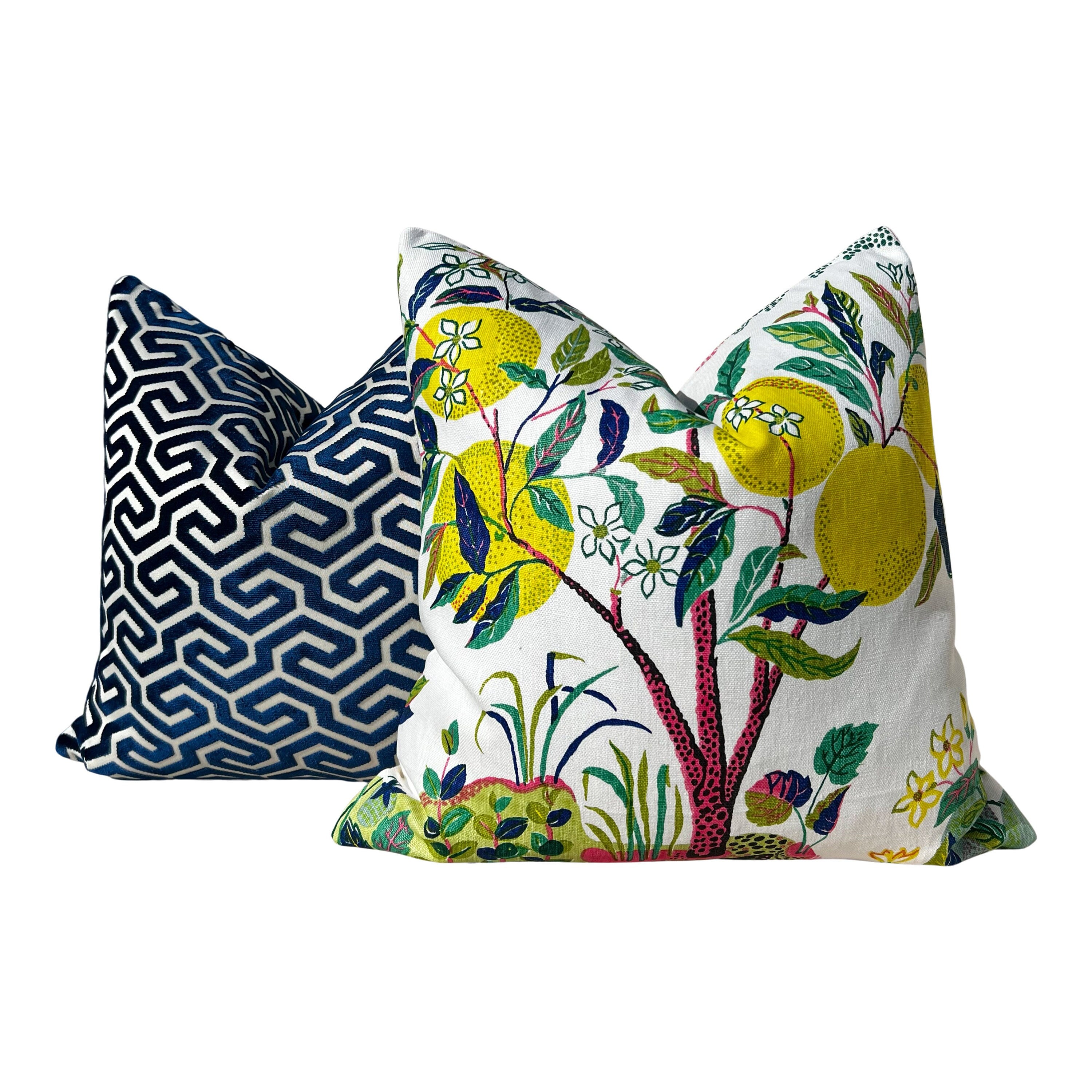 Schumacher Ming Fret Velvet Pillow in Navy Blue. Velvet Lumbar Pillow, Designer Pillows, Chinoiserie Pillow, Maze Velvet Pillow Covers