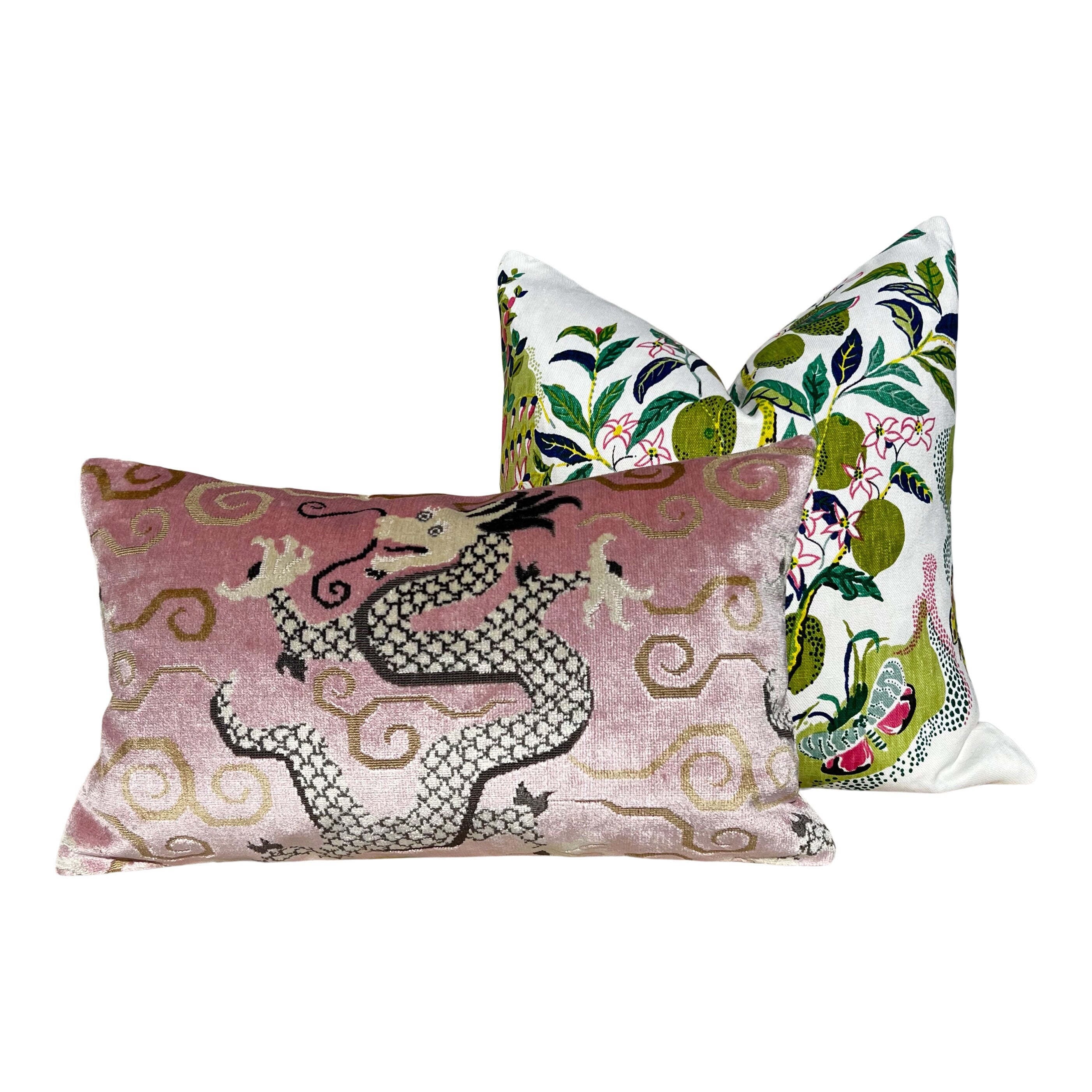 Schumacher Bixi Velvet Pillow in Rose Quartz. Dragon Velvet Pillows, Accent Decorative Pillow Cover, Chinoiserie Long Lumbar Pillow in Blush