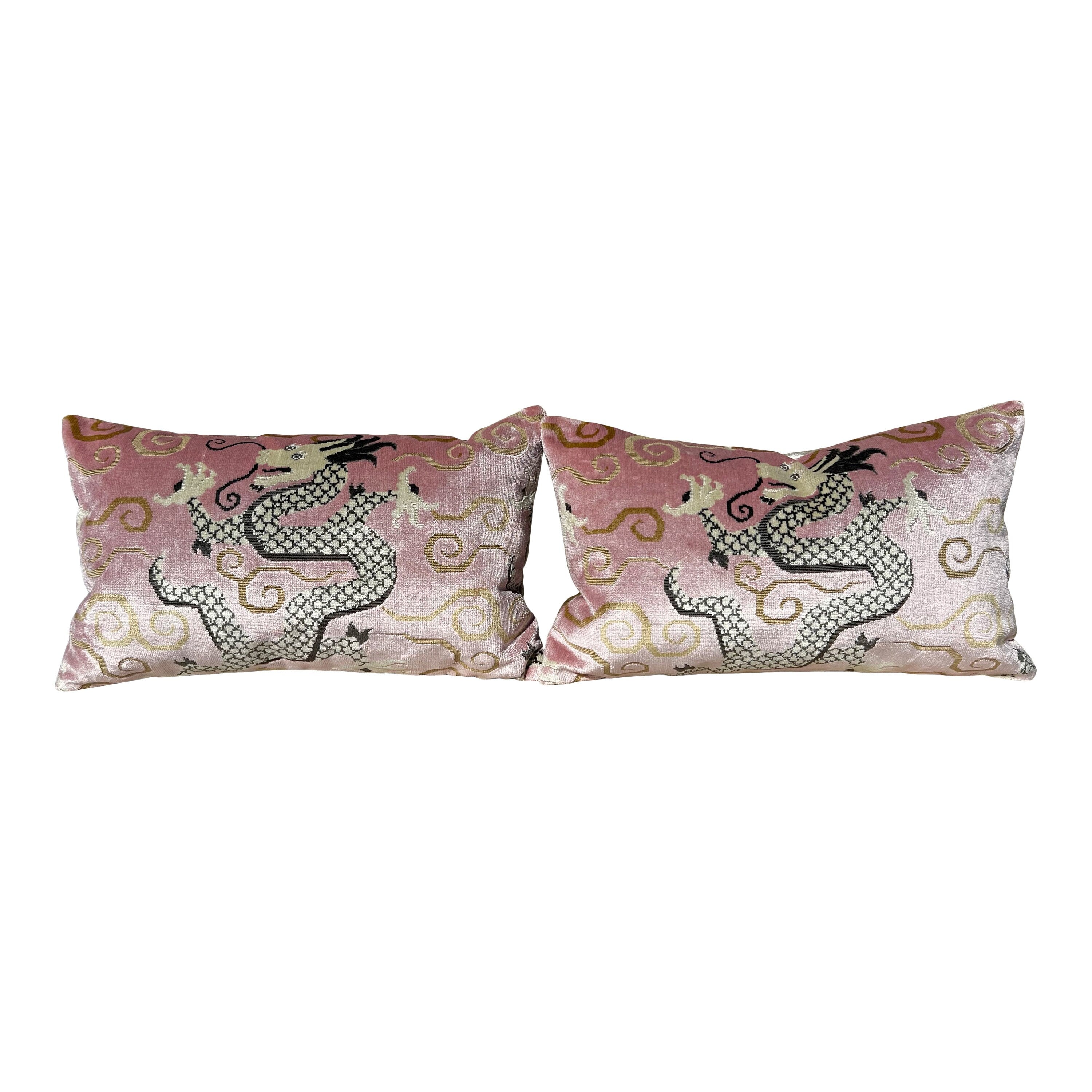 Schumacher Bixi Velvet Pillow in Rose Quartz. Dragon Velvet Pillows, Accent Decorative Pillow Cover, Chinoiserie Long Lumbar Pillow in Blush