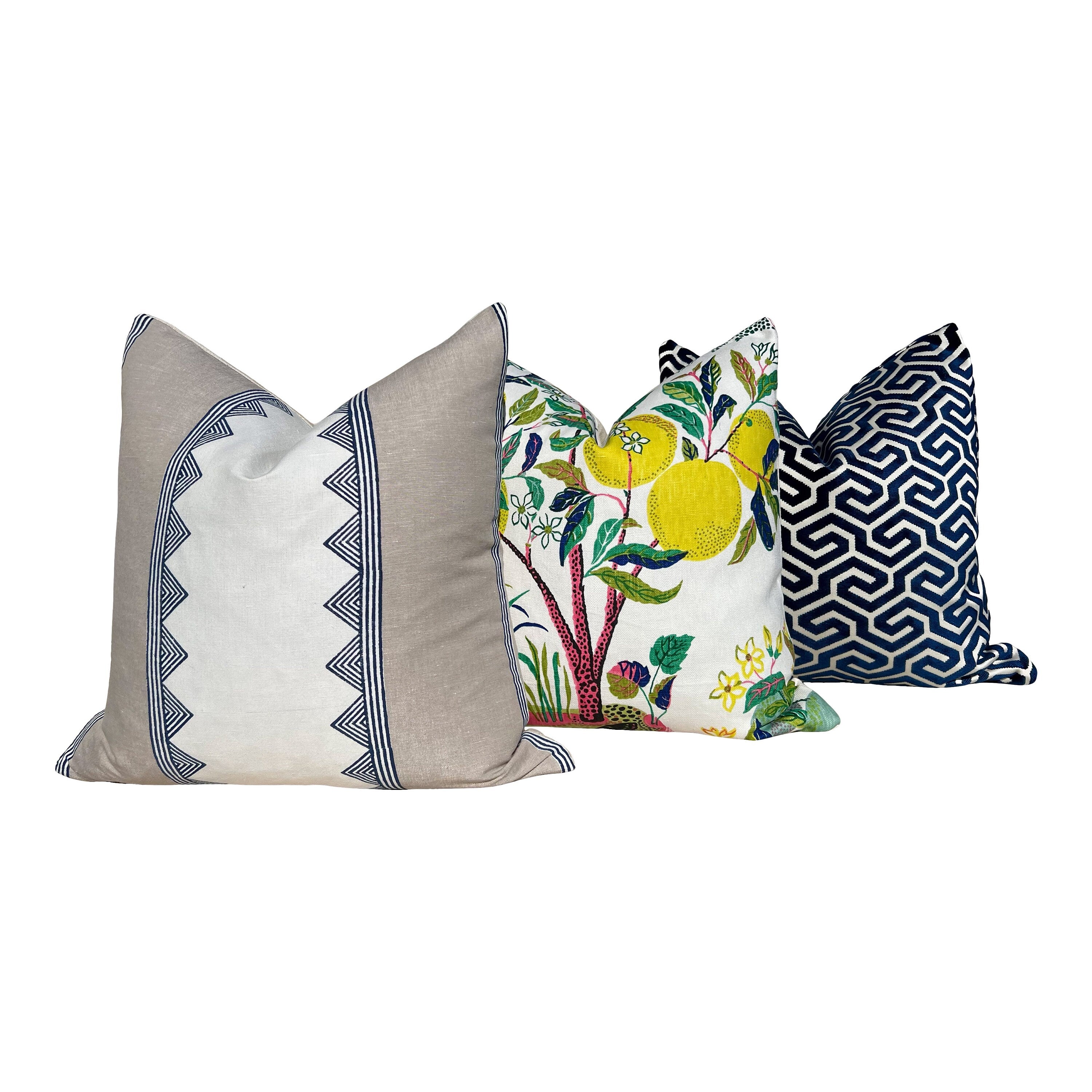 Schumacher Ming Fret Velvet Pillow in Navy Blue. Velvet Lumbar Pillow, Designer Pillows, Chinoiserie Pillow, Maze Velvet Pillow Covers