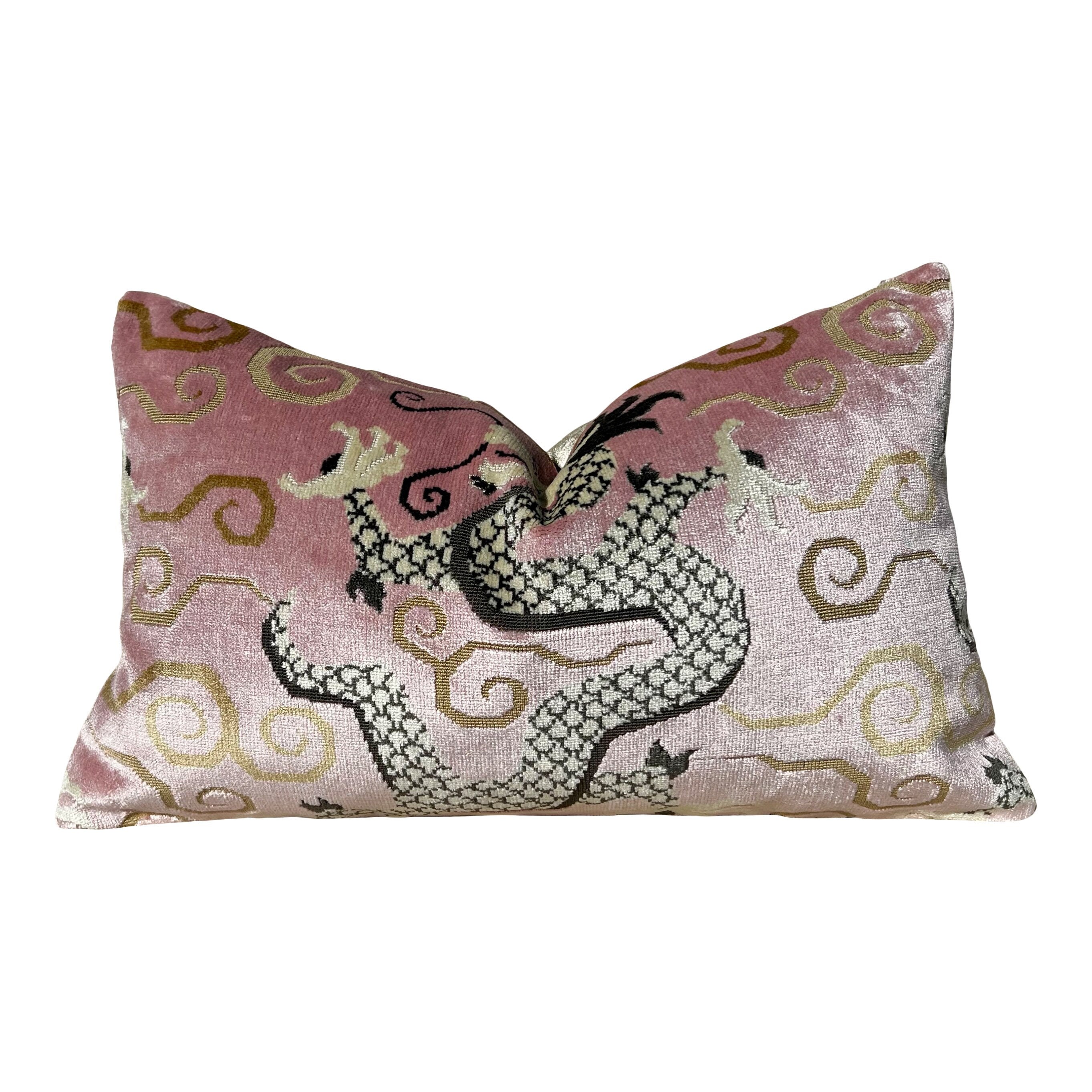 Schumacher Bixi Velvet Pillow in Rose Quartz. Dragon Velvet Pillows, Accent Decorative Pillow Cover, Chinoiserie Long Lumbar Pillow in Blush