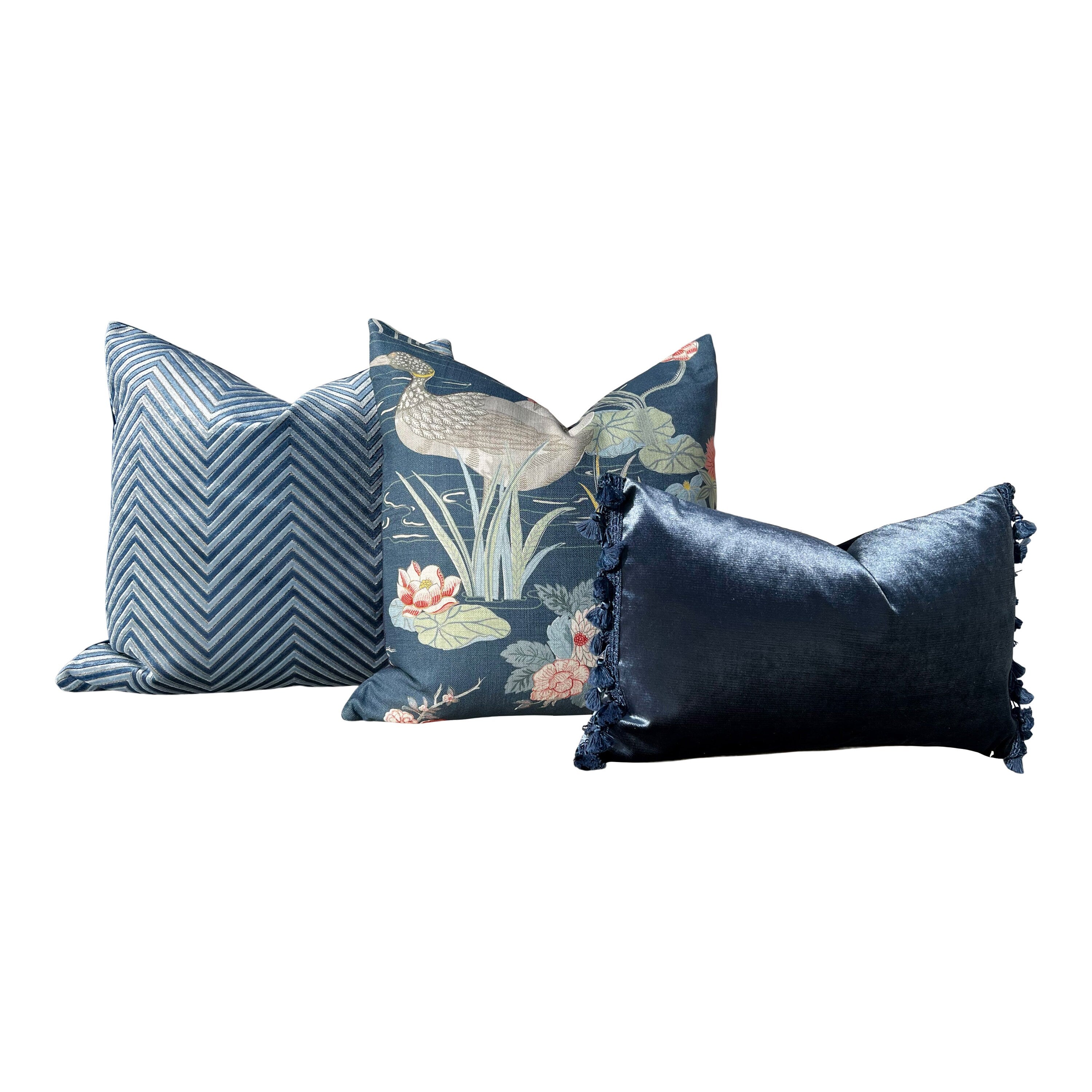 Lee Jofa Luzon Pillow in Sapphire. Linen Blue Pillow Designer Exotic Bird Pillows, Luxury Botanical Pillow, euro Sham Linen Cover 26x26