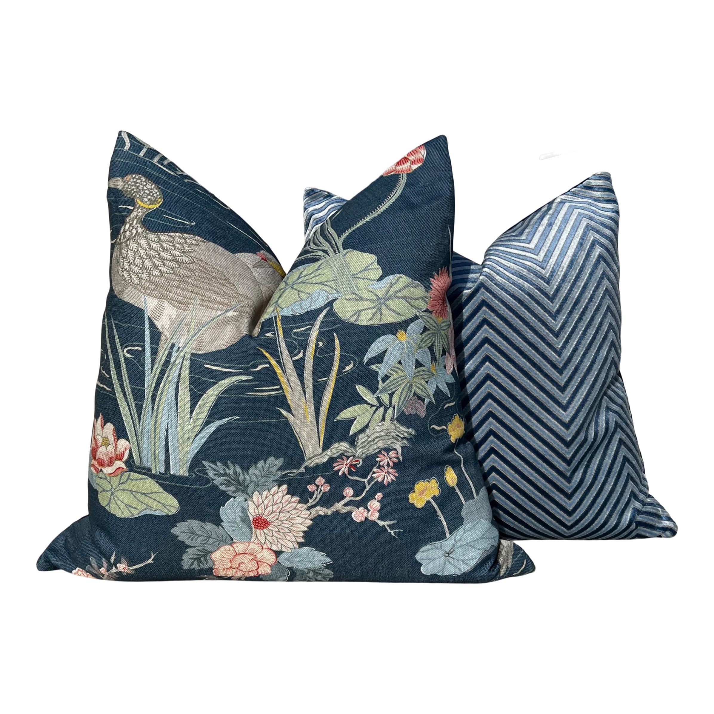 Lee Jofa Luzon Pillow in Sapphire. Linen Blue Pillow Designer Exotic Bird Pillows, Luxury Botanical Pillow, euro Sham Linen Cover 26x26