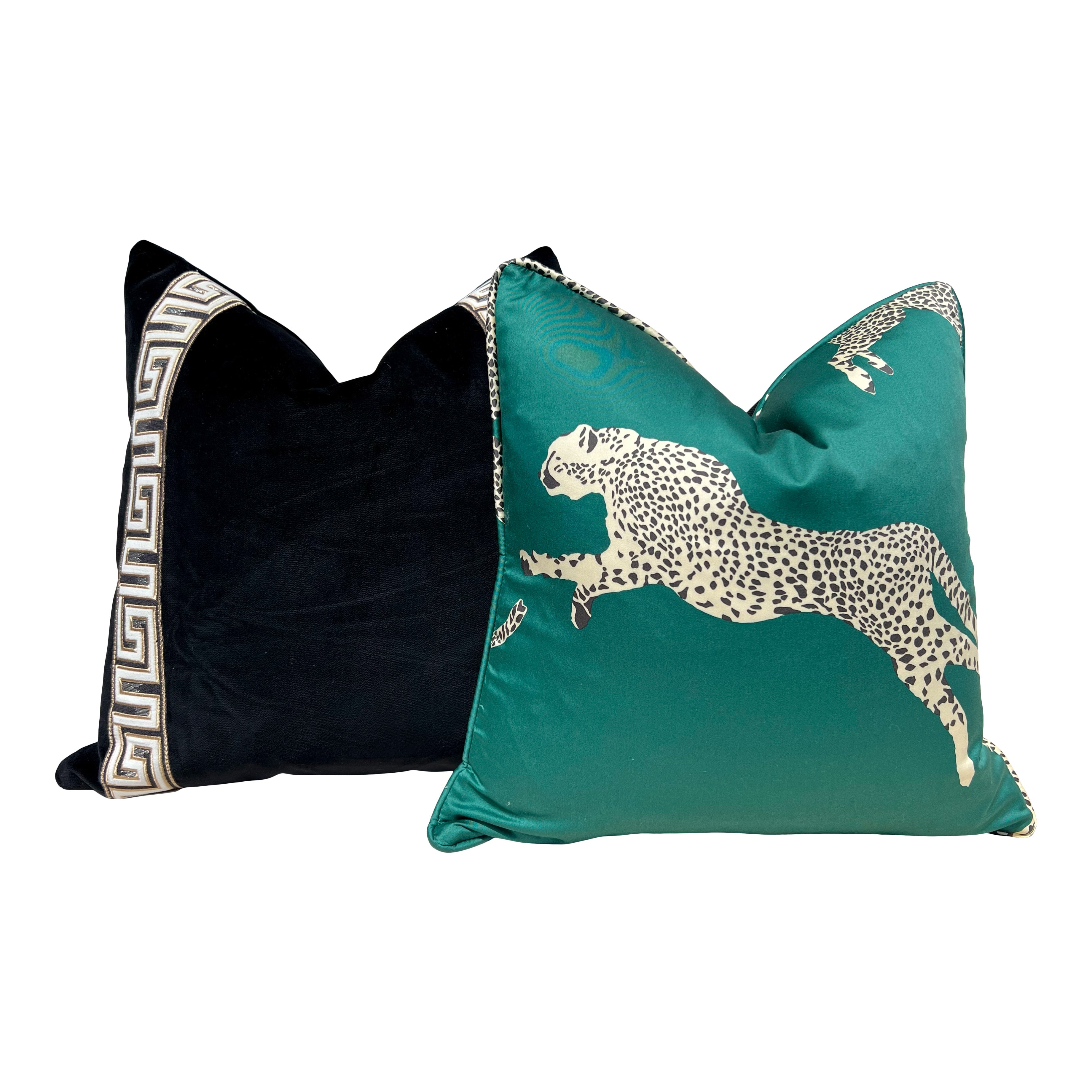 Scalamandre Leaping Cheetah pillow in Evergreen.